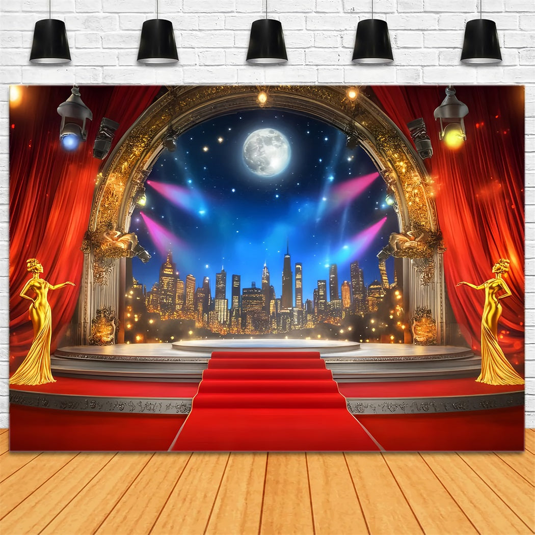 Oscar Backdrop Golden Stage Moonlight Skyline Stage Red Carpet Backdrop LXX58-317
