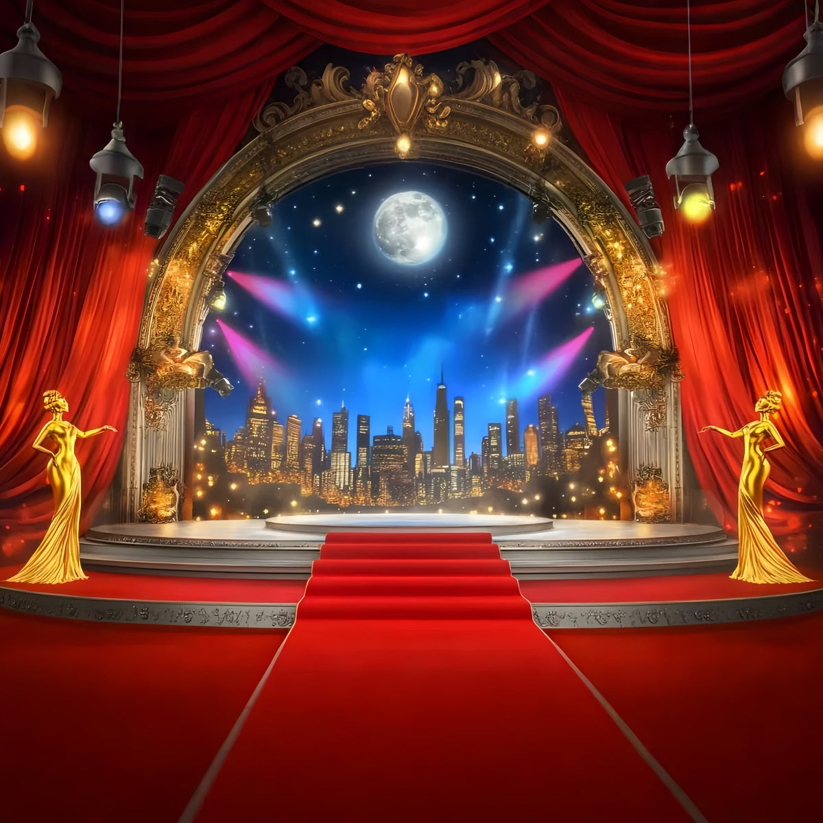 Oscar Backdrop Golden Stage Moonlight Skyline Stage Red Carpet Backdrop LXX58-317