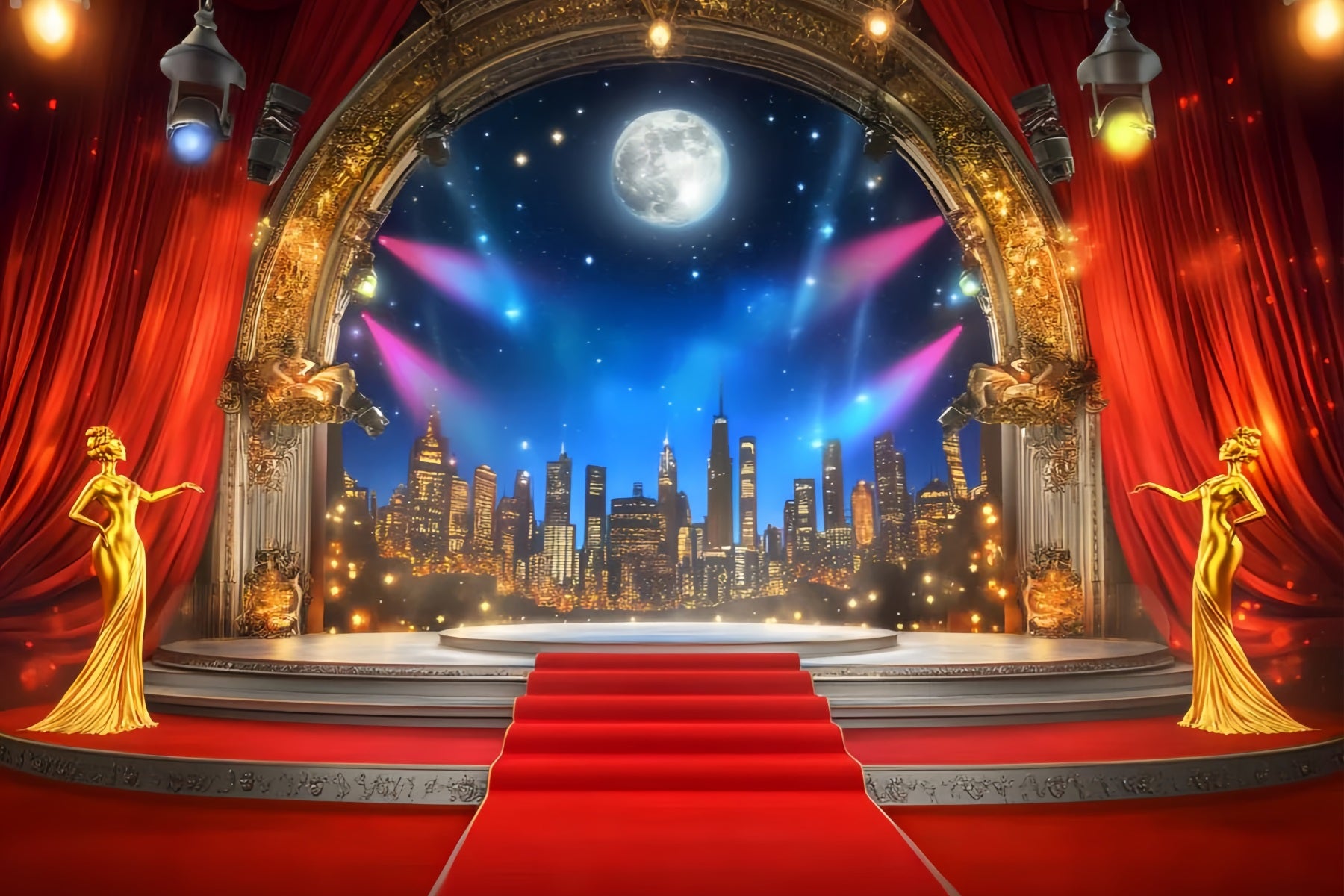 Oscar Backdrop Golden Stage Moonlight Skyline Stage Red Carpet Backdrop LXX58-317