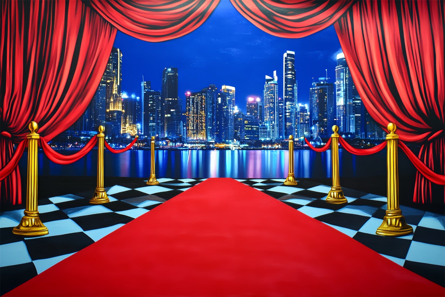 Red Carpet Backdrop City Skyline Curtain Entrance Hollywood Backdrop LXX58-340