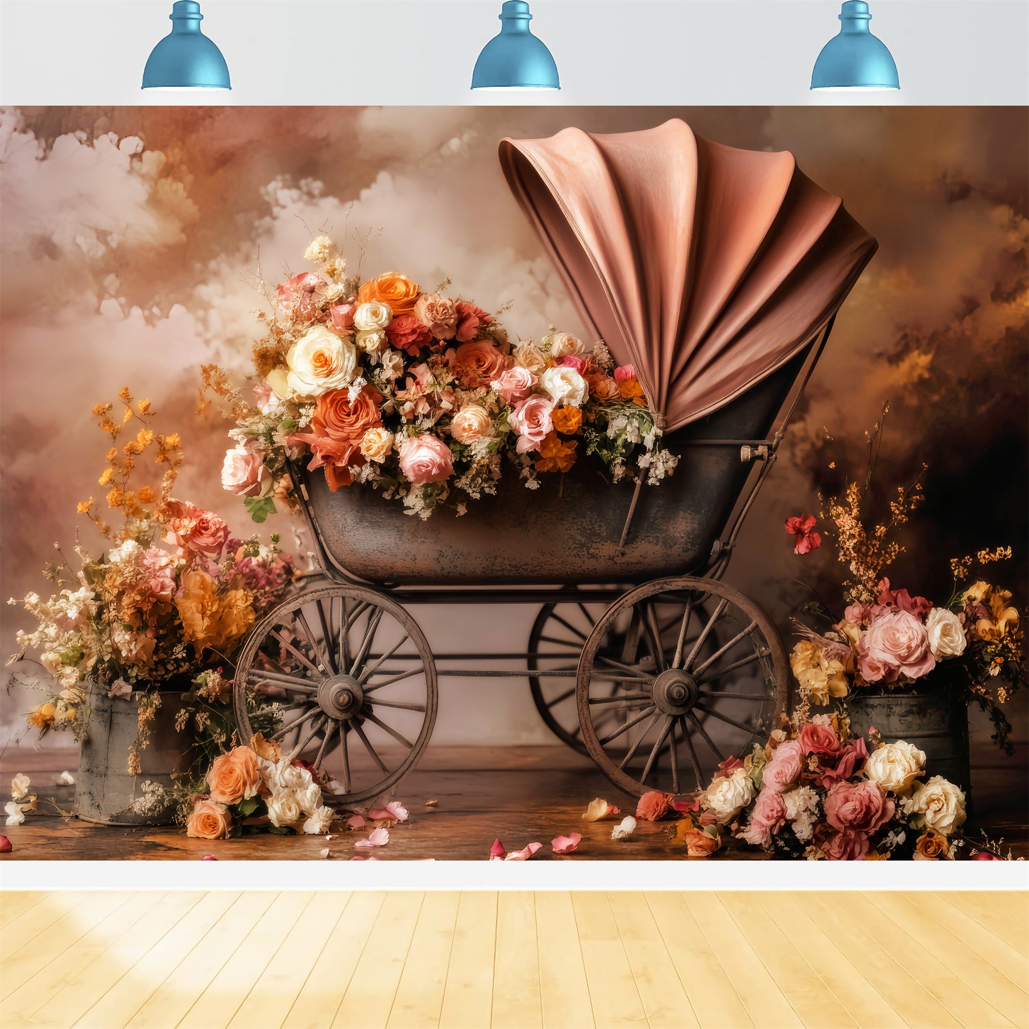 Newborn Fall Backdrop Vintage Stroller Blooming Flowers Newborn Backdrop LXX58-376