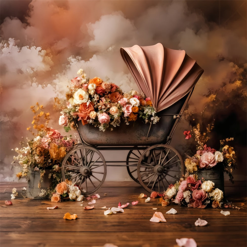 Newborn Fall Backdrop Vintage Stroller Blooming Flowers Newborn Backdrop LXX58-376