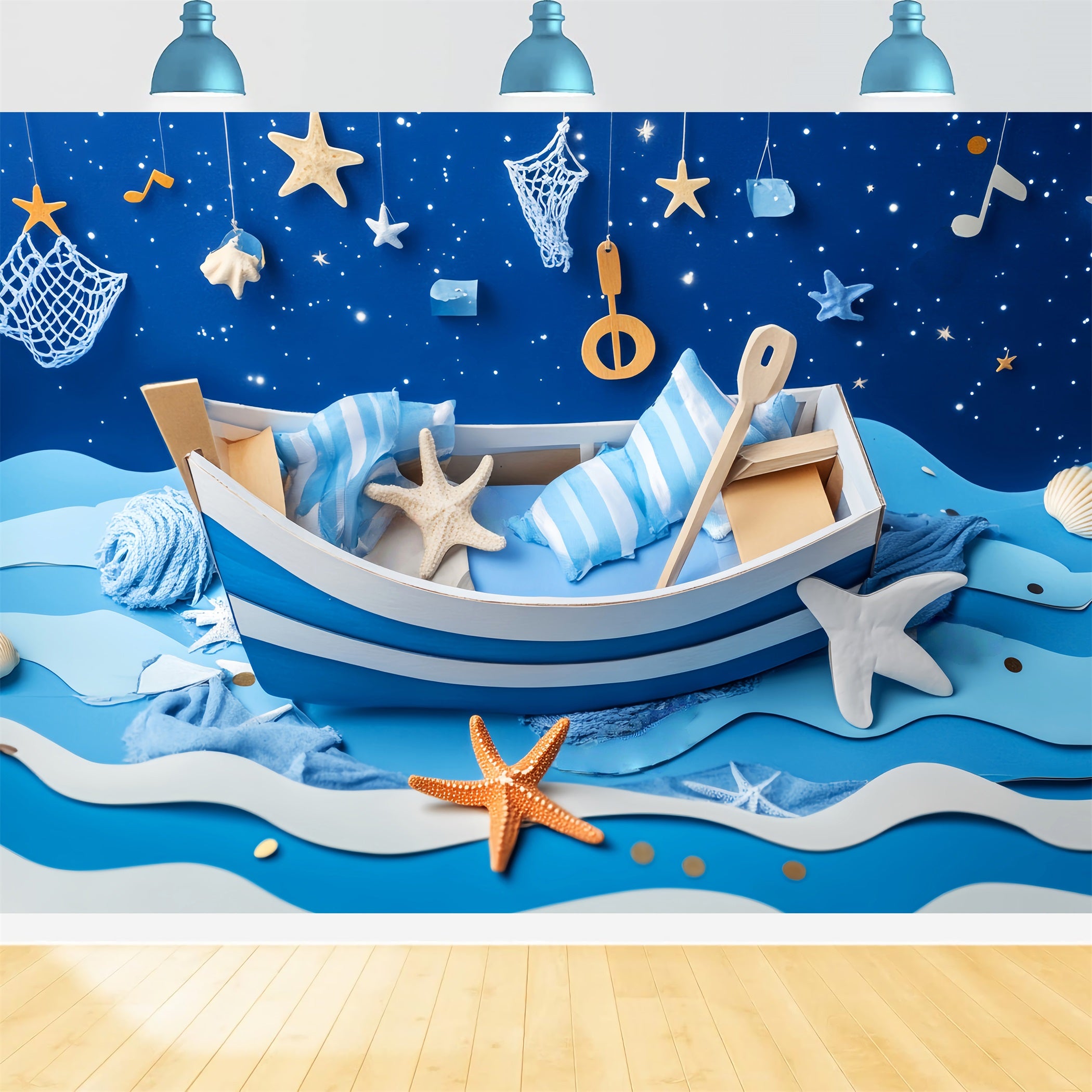 Newborn Backdrop Blue Boat Starfish Night Kids Photo Backdrop LXX58-382