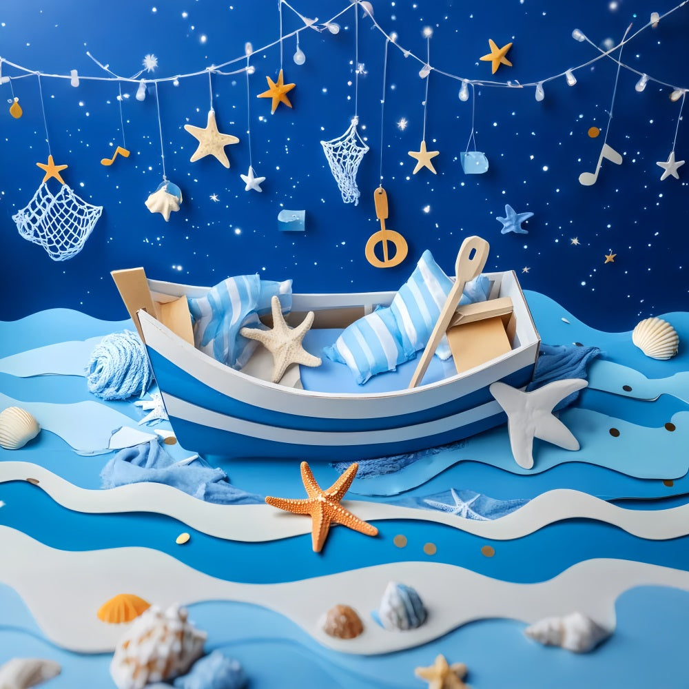 Newborn Backdrop Blue Boat Starfish Night Kids Photo Backdrop LXX58-382
