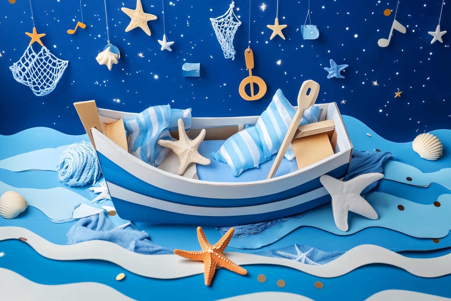 Newborn Backdrop Blue Boat Starfish Night Kids Photo Backdrop LXX58-382