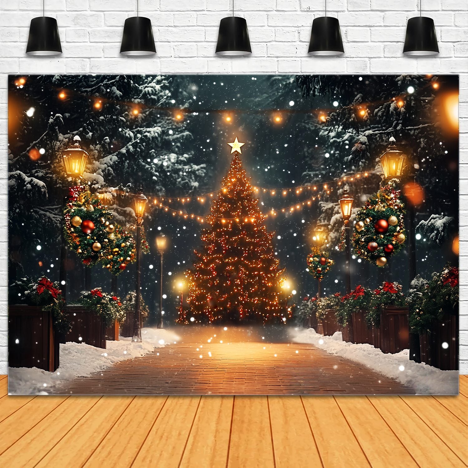 Christmas Tree Farm Backdrop Magical Snowy Tree Lights Christmas Photo Backdrop LXX58-51