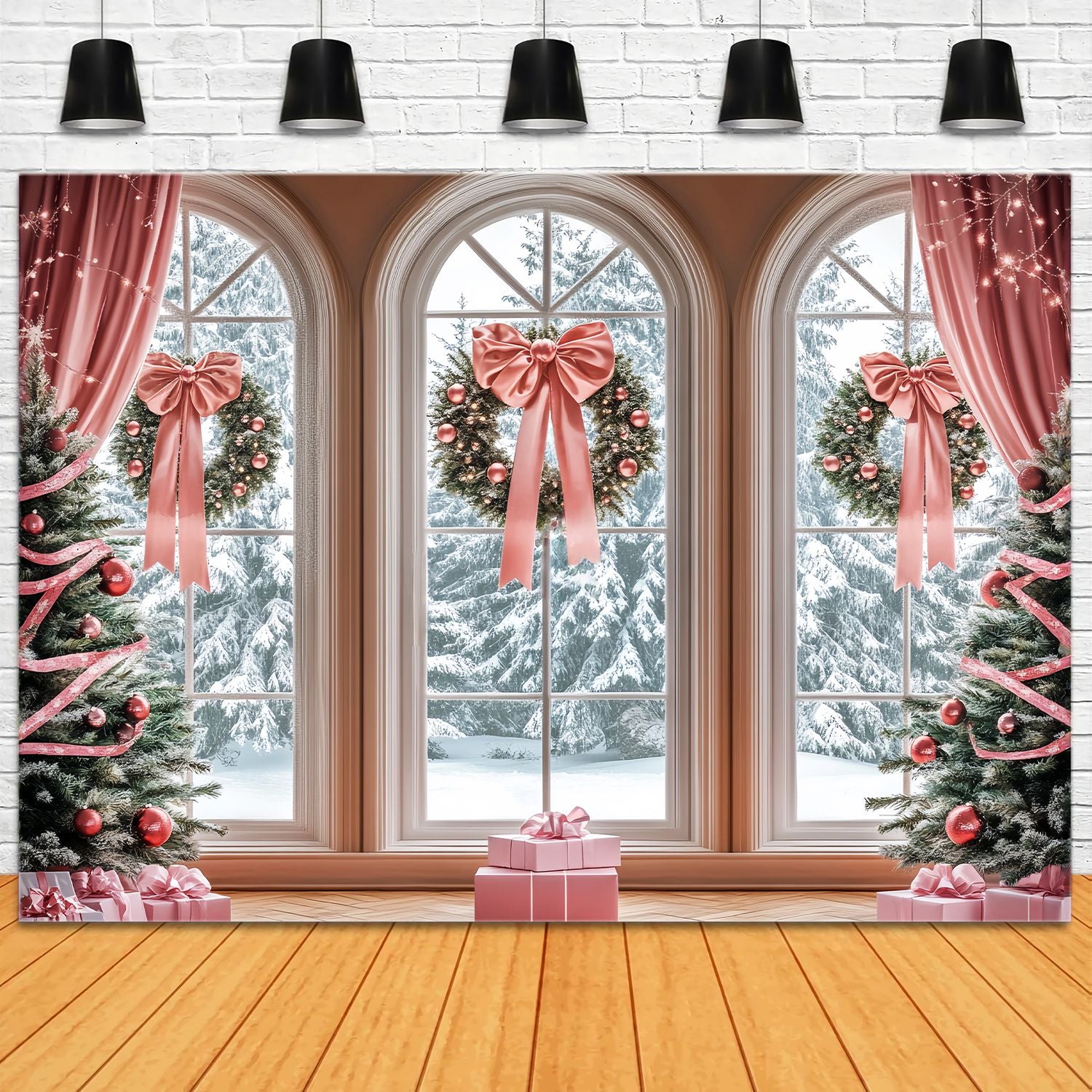 Pink Christmas Backdrop Pink Ribbon Window Wreaths Christmas Backdrops LXX58-52
