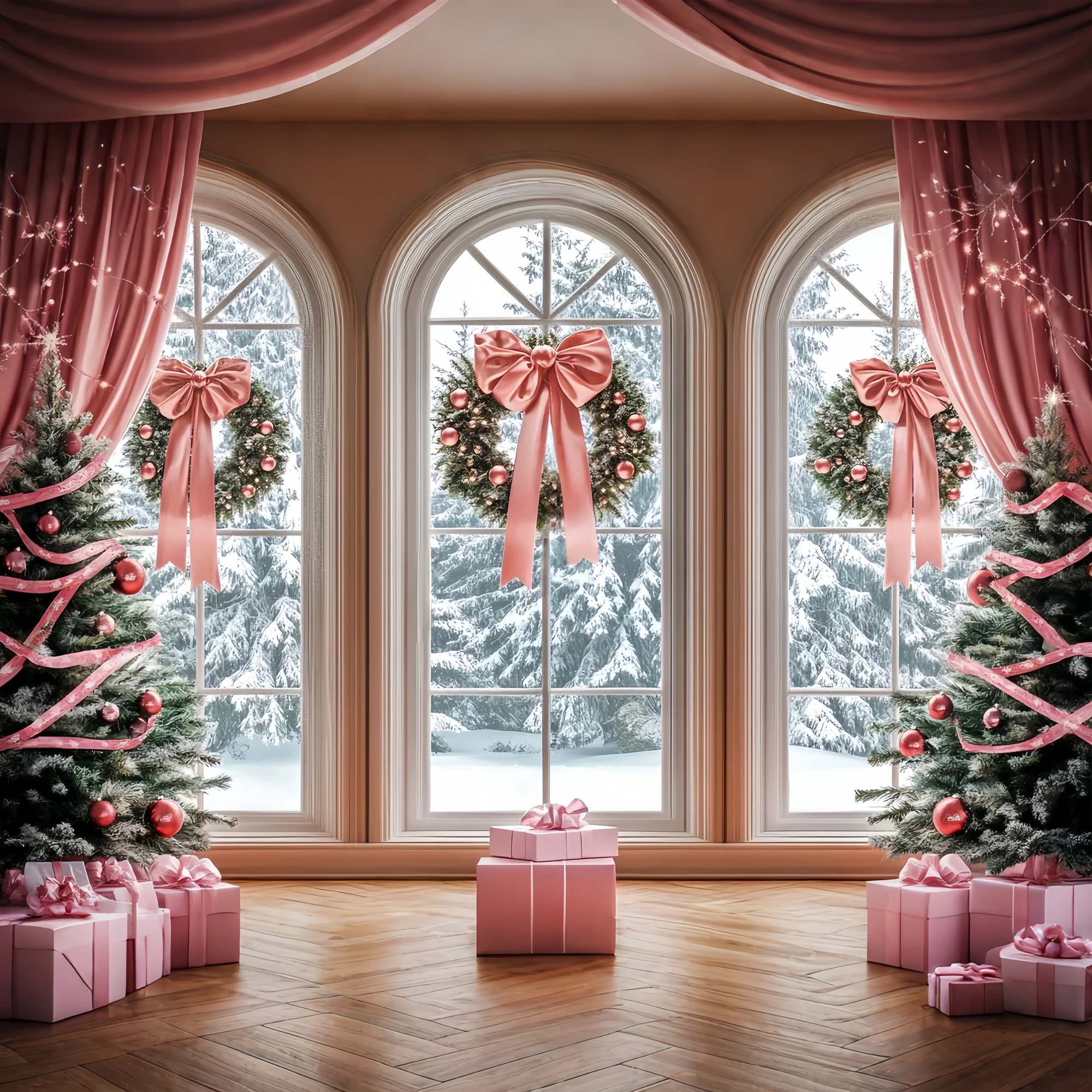 Pink Christmas Backdrop Pink Ribbon Window Wreaths Christmas Backdrops LXX58-52