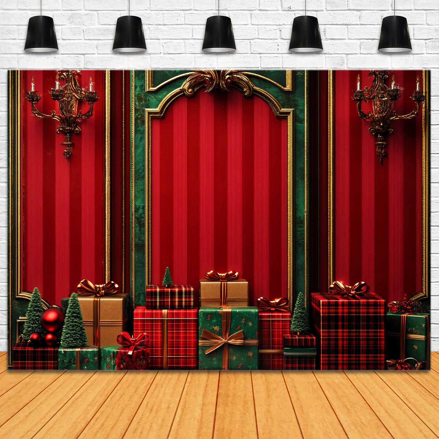Red Christmas Backdrop Classic Red Green Gift Wall Christmas Backdrop for Photos LXX58-53