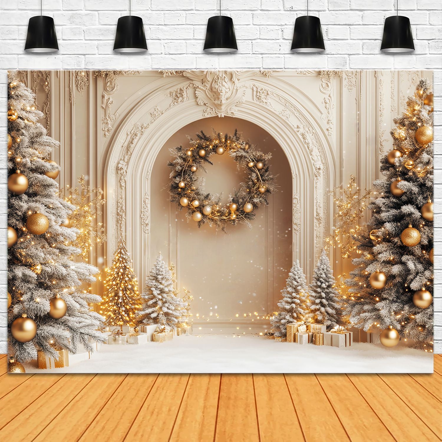 White Christmas Backdrop Golden Frosted Palace Trees Christmas Backdrop ideas LXX58-54