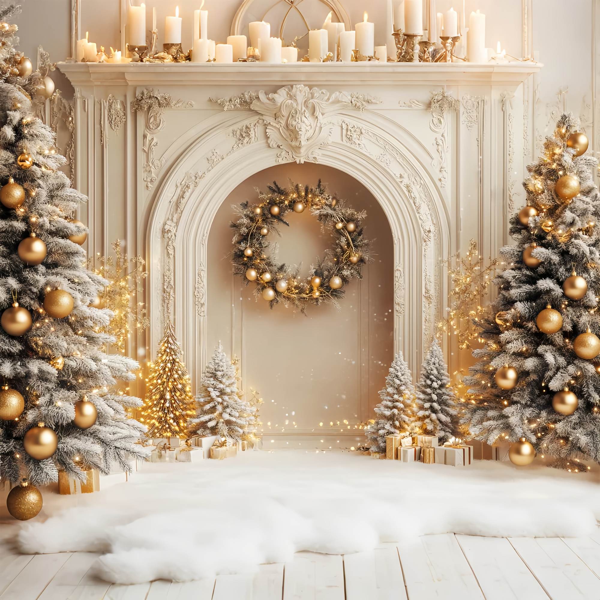 White Christmas Backdrop Golden Frosted Palace Trees Christmas Backdrop ideas LXX58-54
