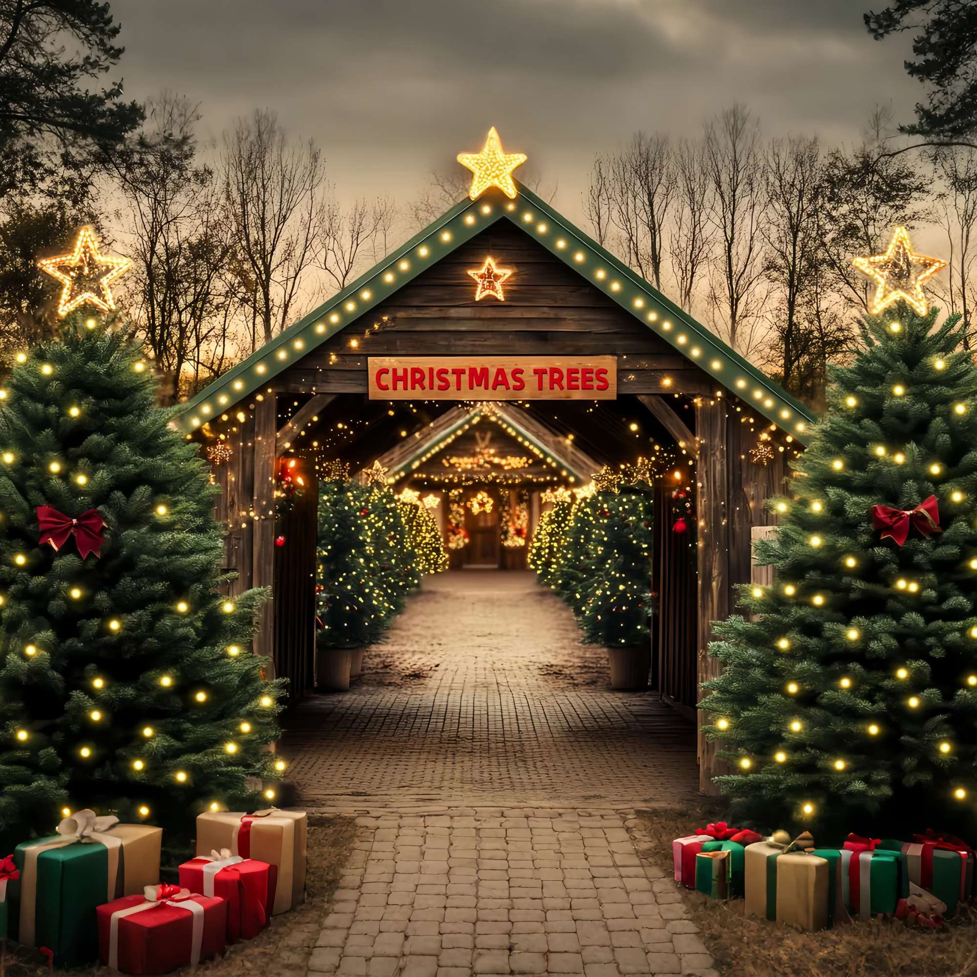 Christmas Tree Farm Backdrop Rustic Tree Farm Tunnel Christmas Backdrops for Photography LXX58-55