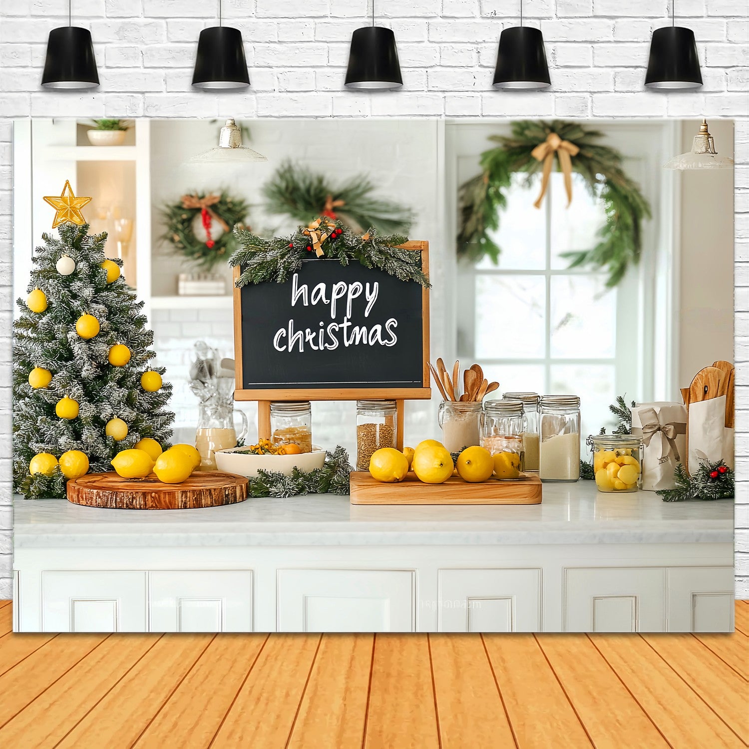 Christmas Kitchen Backdrop Lemon Tree Farmhouse Kitchen Christmas Backdrop ideas LXX58-56