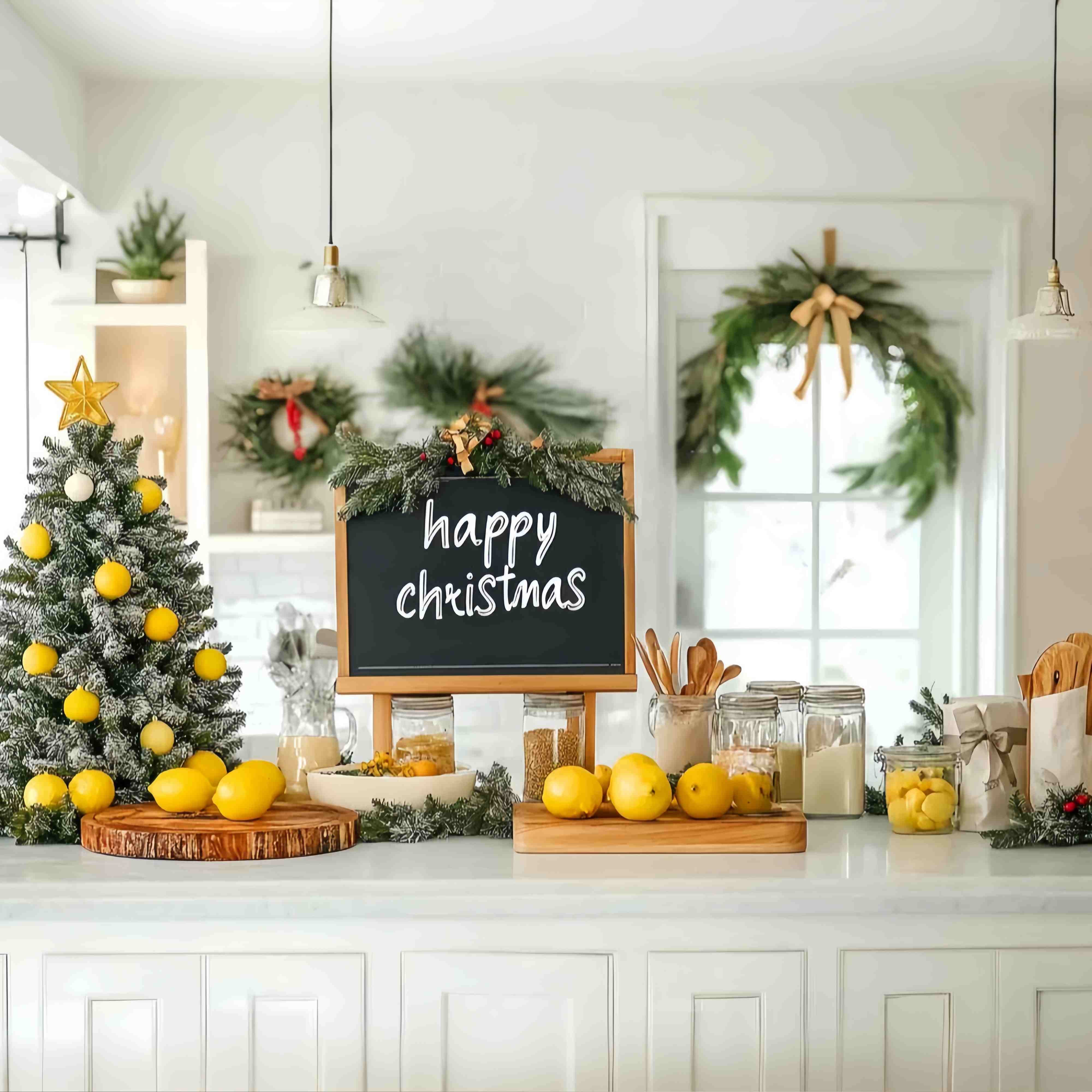 Christmas Kitchen Backdrop Lemon Tree Farmhouse Kitchen Christmas Backdrop ideas LXX58-56