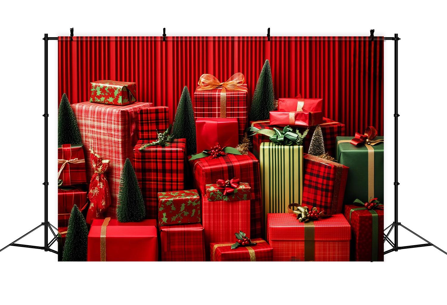 Red Christmas Backdrop Red Plaid Wrapped Gifts Christmas Backdrops for Photography LXX58-58