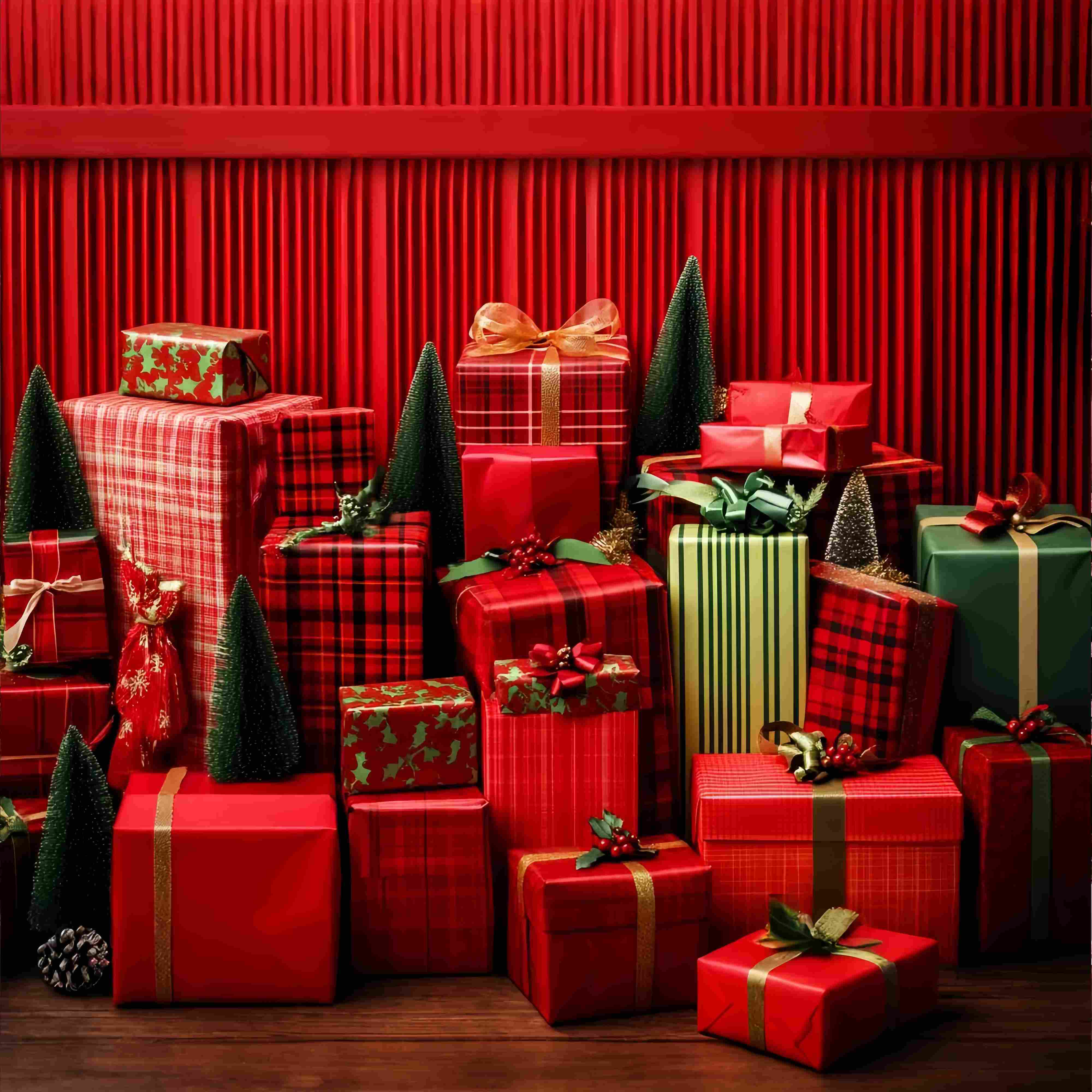 Red Christmas Backdrop Red Plaid Wrapped Gifts Christmas Backdrops for Photography LXX58-58