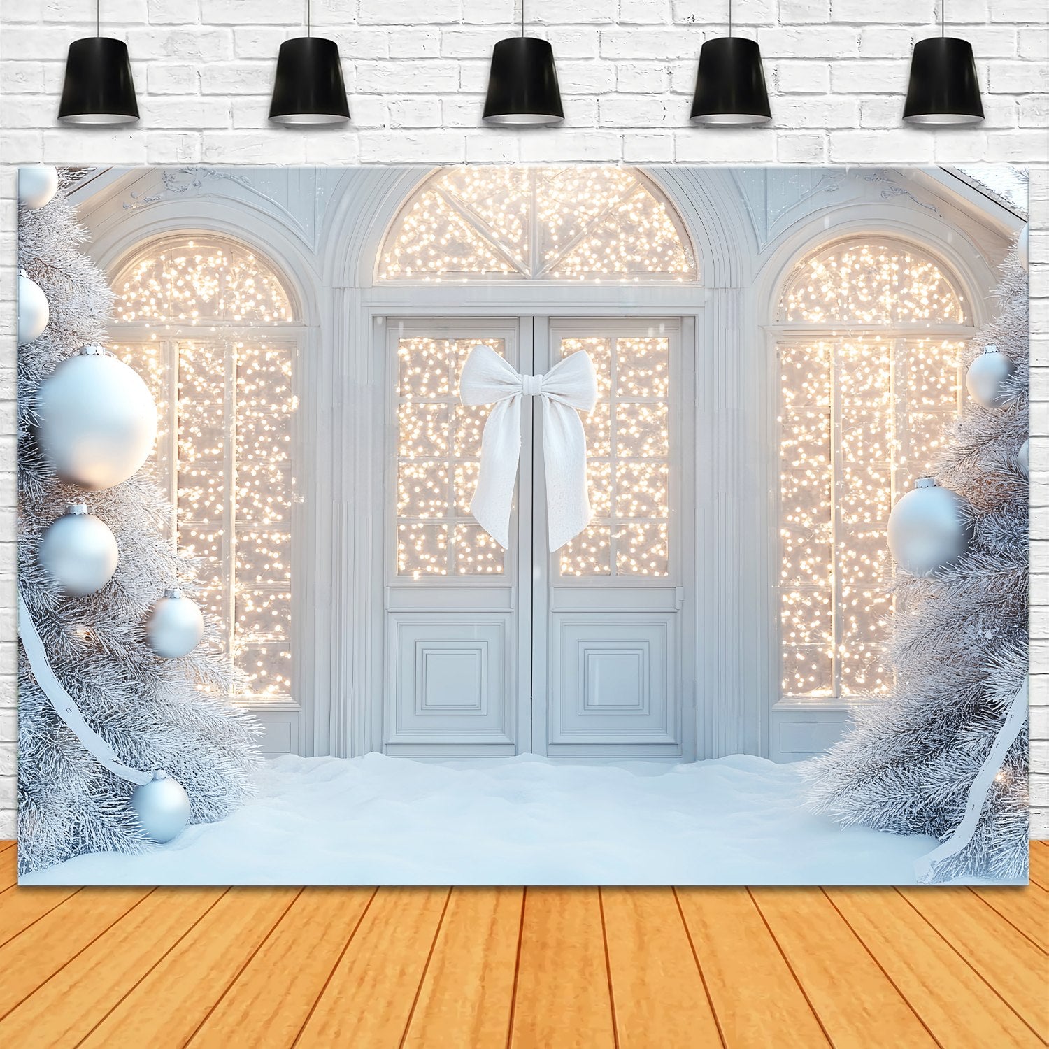 White Christmas Backdrop White Sparkle Bow Doorway Christmas Backdrop Photography LXX58-59