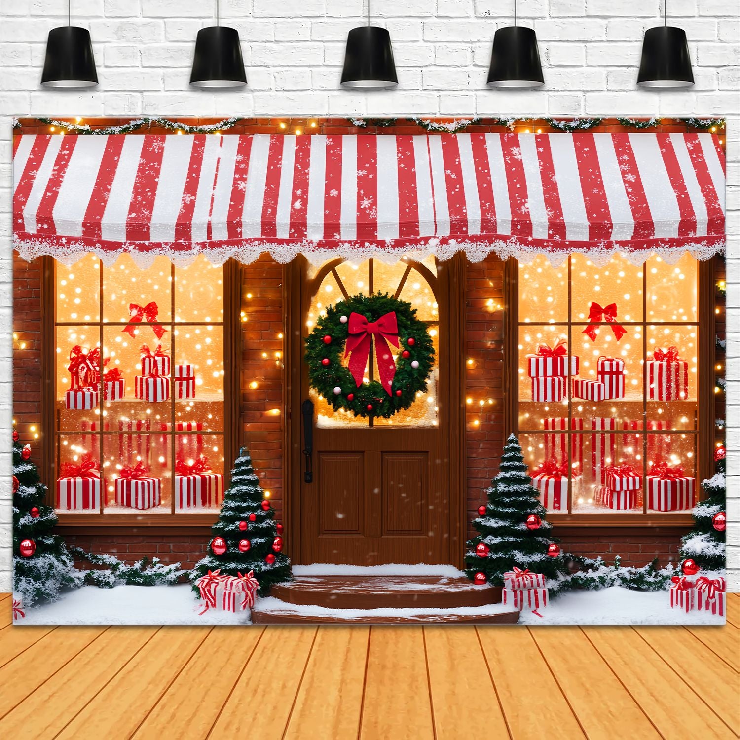 Professional Christmas Backdrops Striped Candy Gift Shop Christmas Backdrop LXX58-61