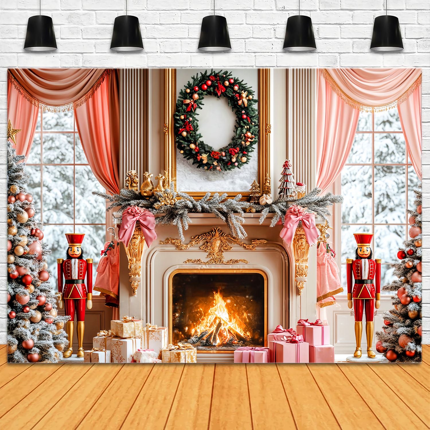 Christmas Fireplace Backdrop Pink Nutcracker Fireplace Decor Christmas Backdrops Sale LXX58-62