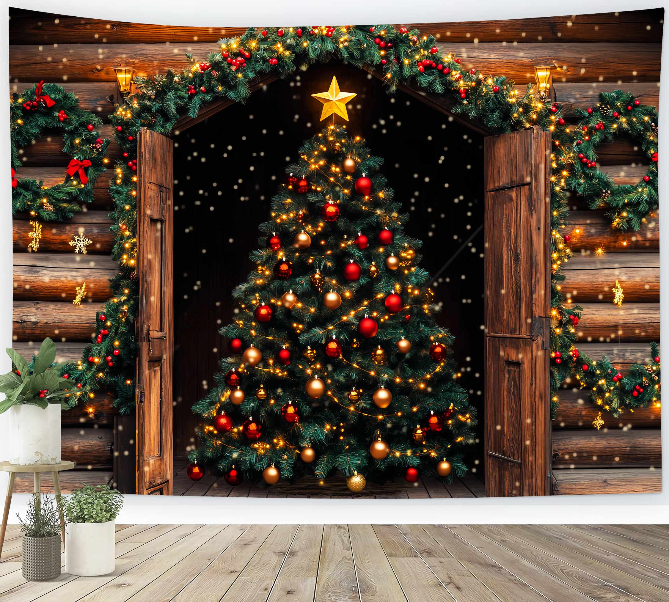 Christmas Tree Backdrop Rustic Cabin Christmas Tree Glow Christmas Photo Backdrop LXX58-63