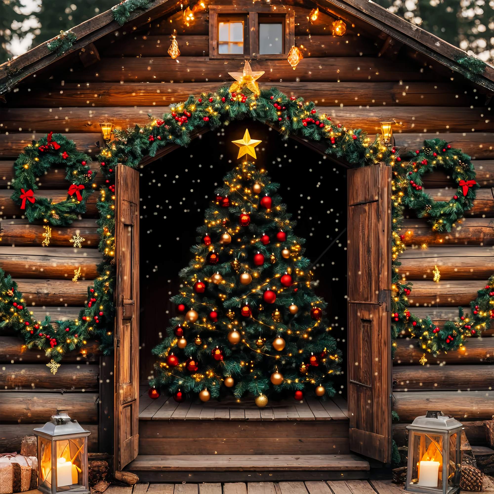 Christmas Tree Backdrop Rustic Cabin Christmas Tree Glow Christmas Photo Backdrop LXX58-63