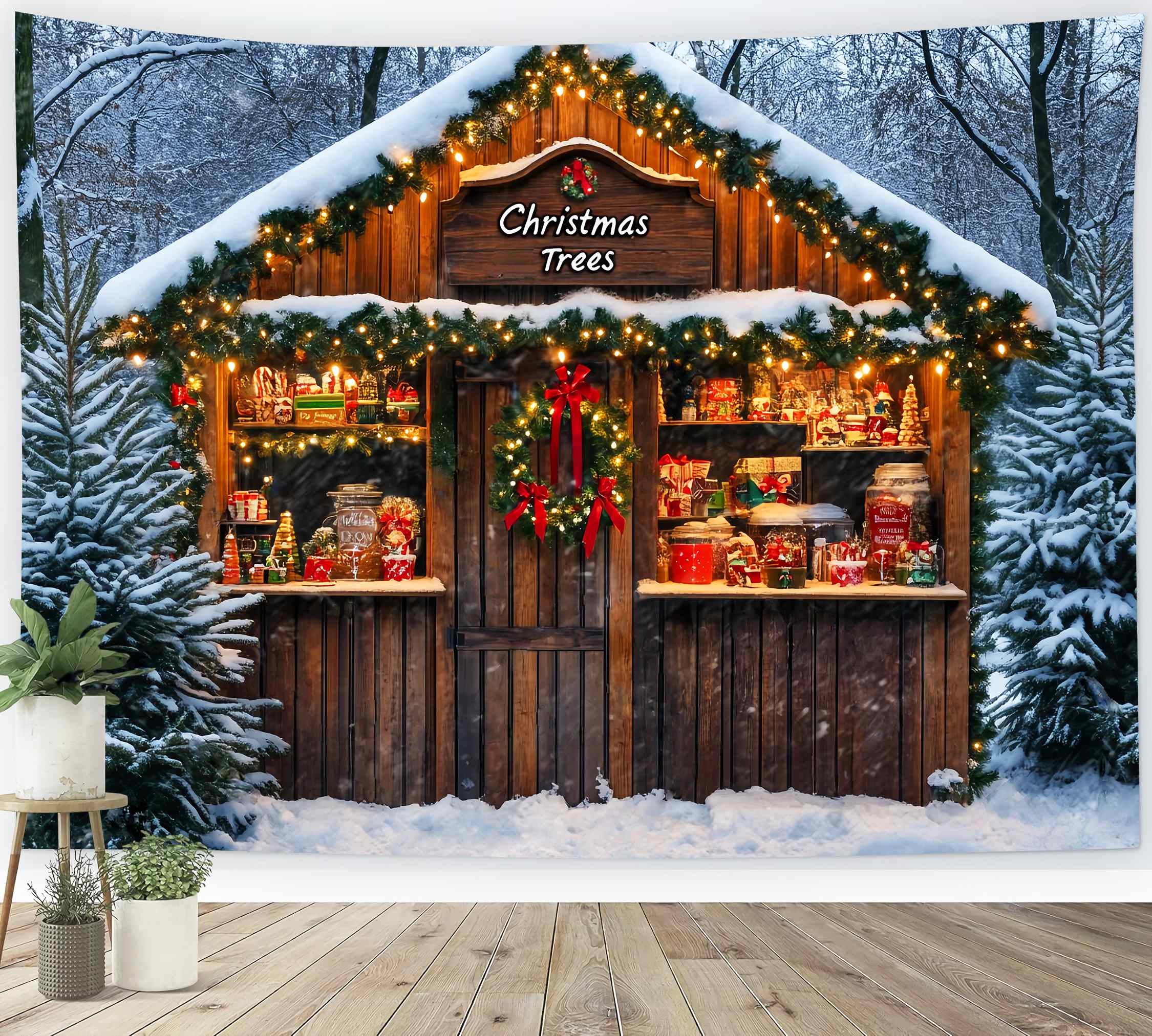 Christmas Tree Farm Backdrop Snowy Forest Candy Cabin Stand Christmas Backdrops 10x10 LXX58-65
