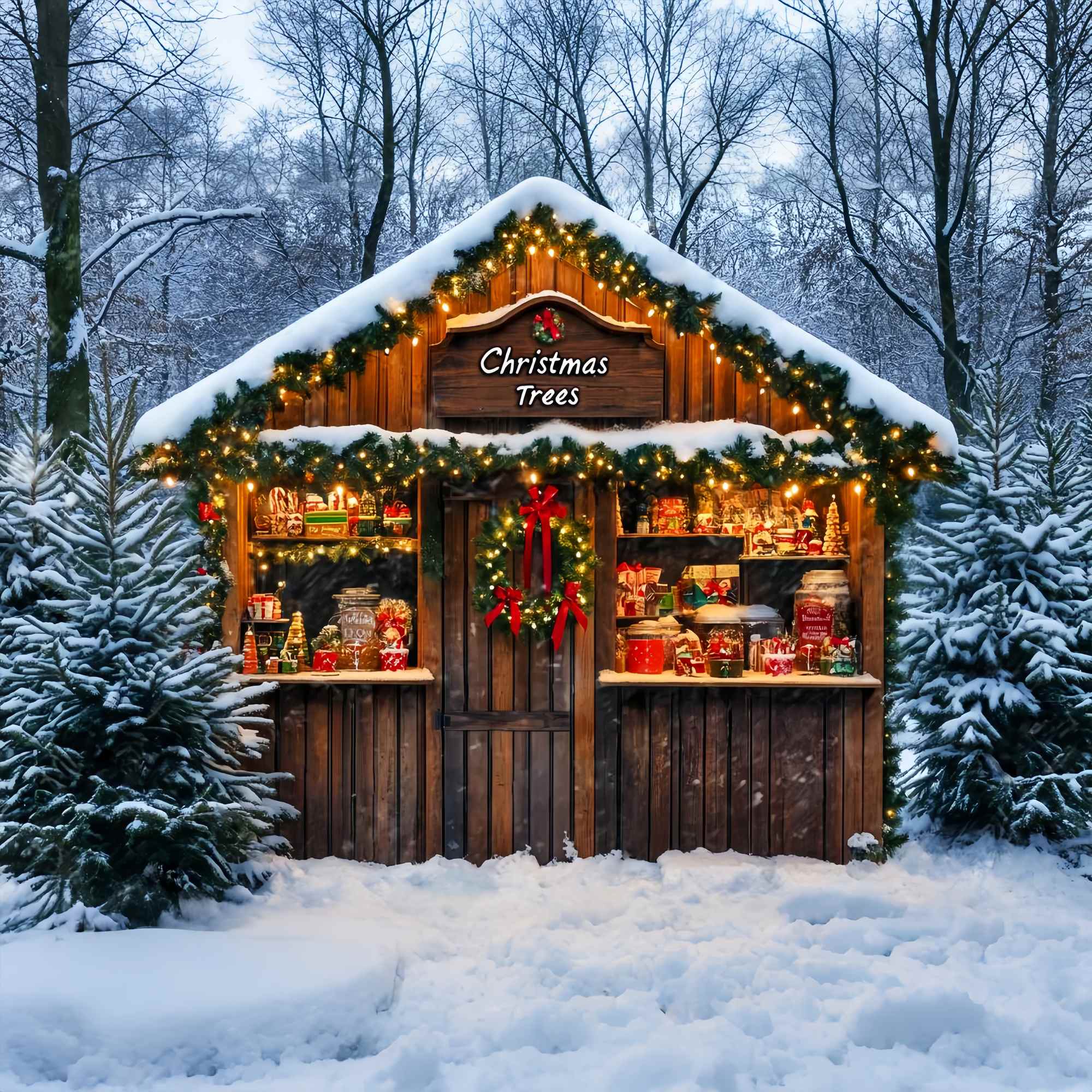 Christmas Tree Farm Backdrop Snowy Forest Candy Cabin Stand Christmas Backdrops 10x10 LXX58-65