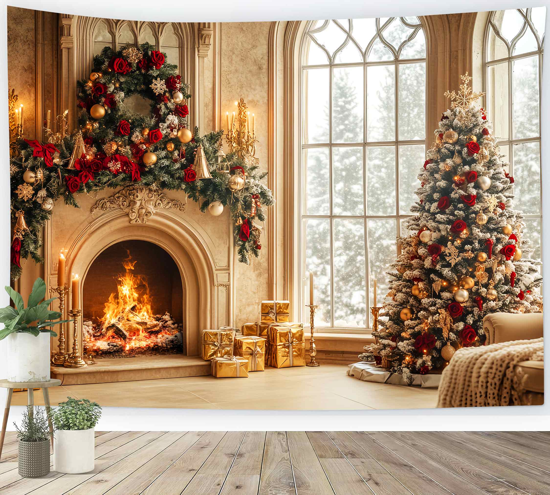 Christmas Fireplace Backdrop Gold Red Luxury Fireplace Room Professional Christmas Backdrops LXX58-66