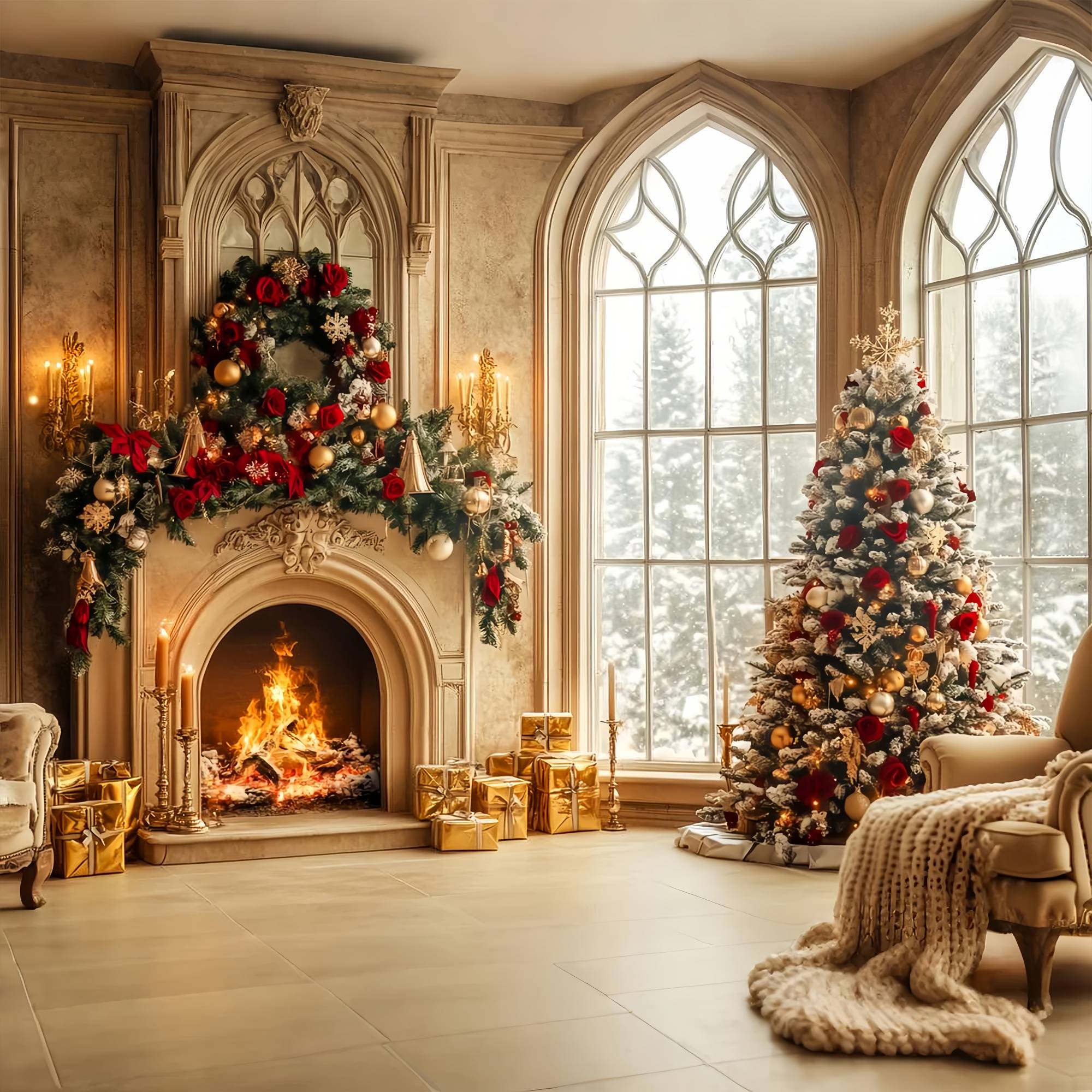 Christmas Fireplace Backdrop Gold Red Luxury Fireplace Room Professional Christmas Backdrops LXX58-66