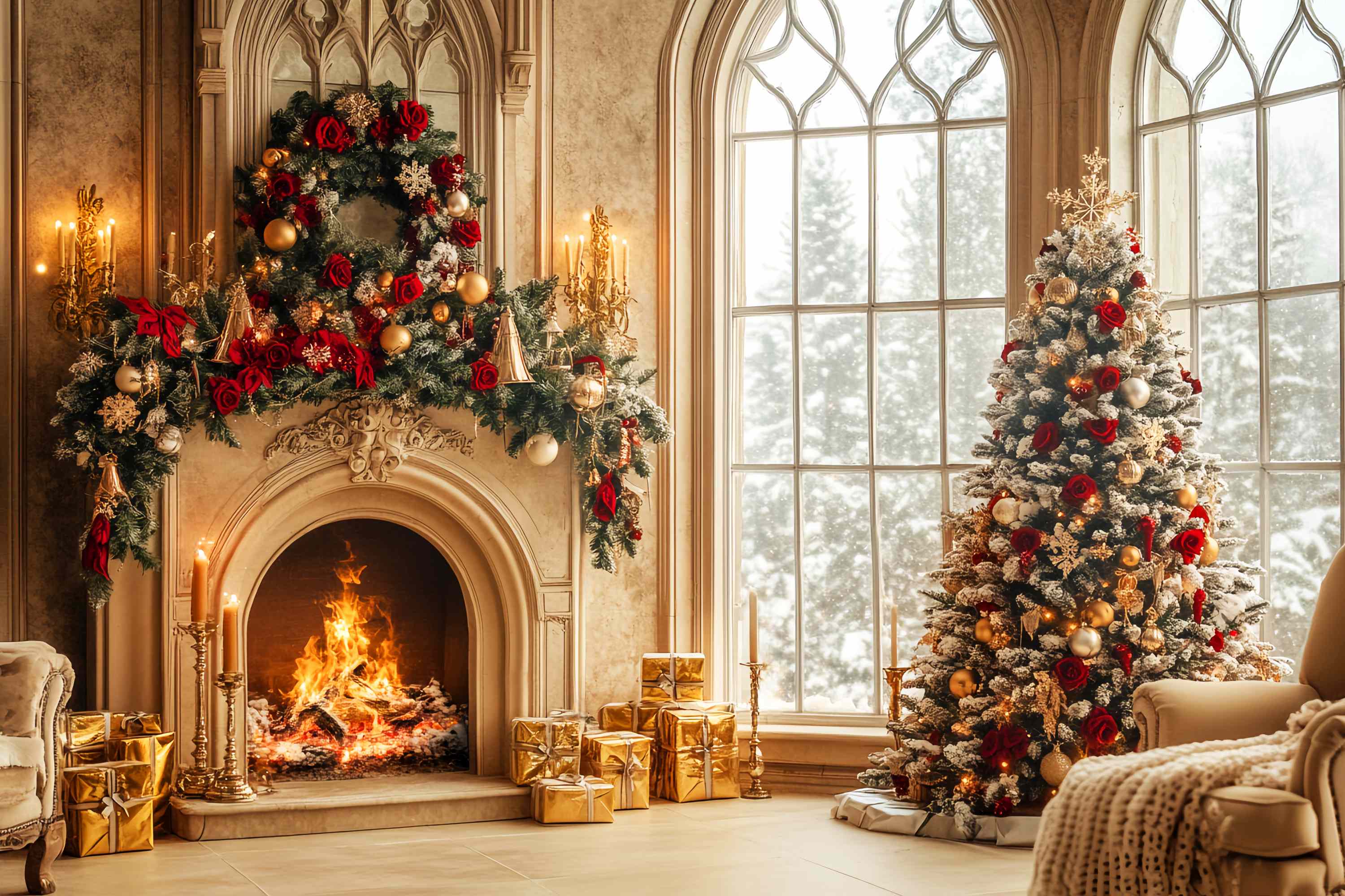 Christmas Fireplace Backdrop Gold Red Luxury Fireplace Room Professional Christmas Backdrops LXX58-66