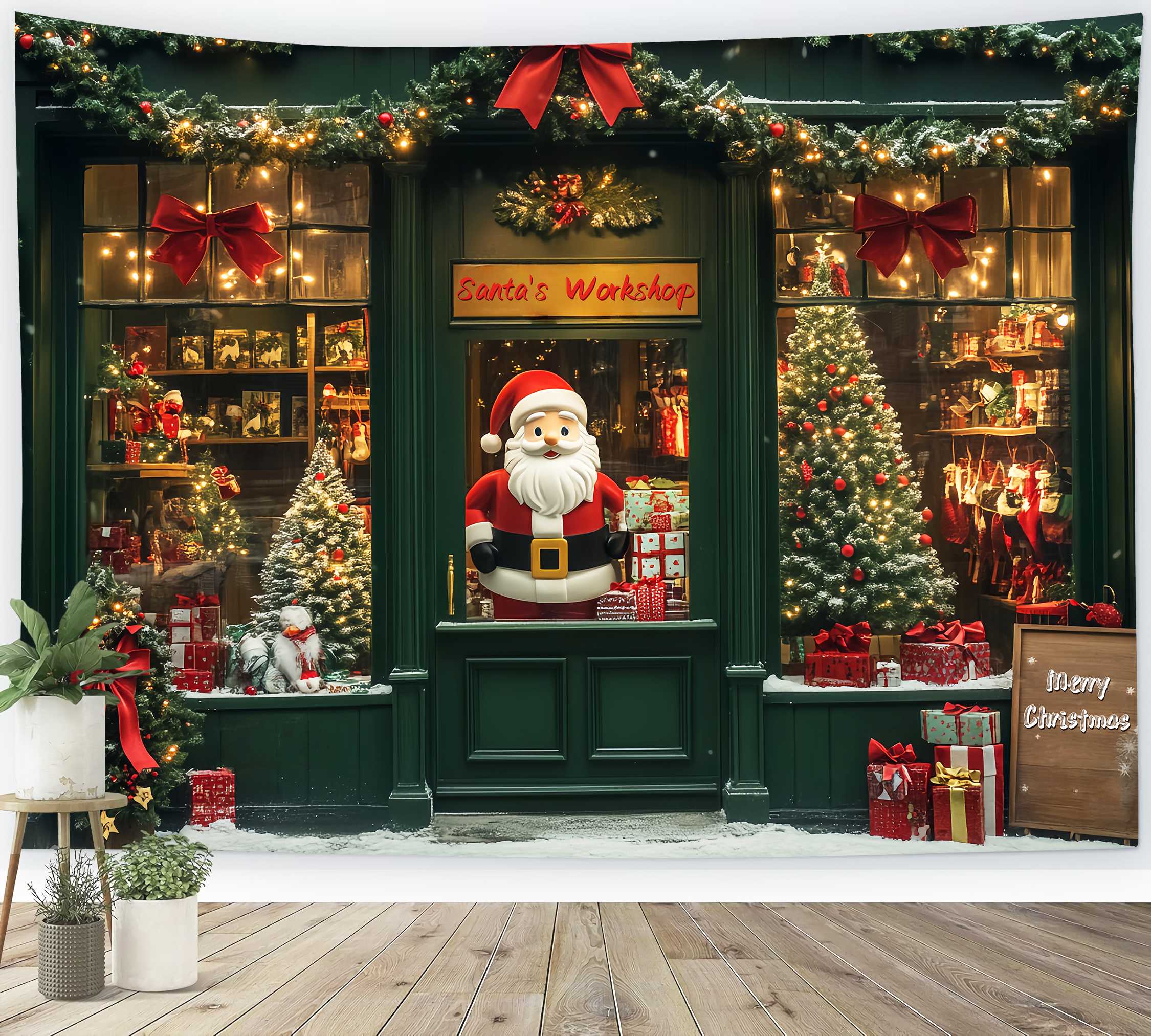 Santa's Workshop Backdrop Santa’s Toy Shop Window Christmas Backdrop LXX58-67