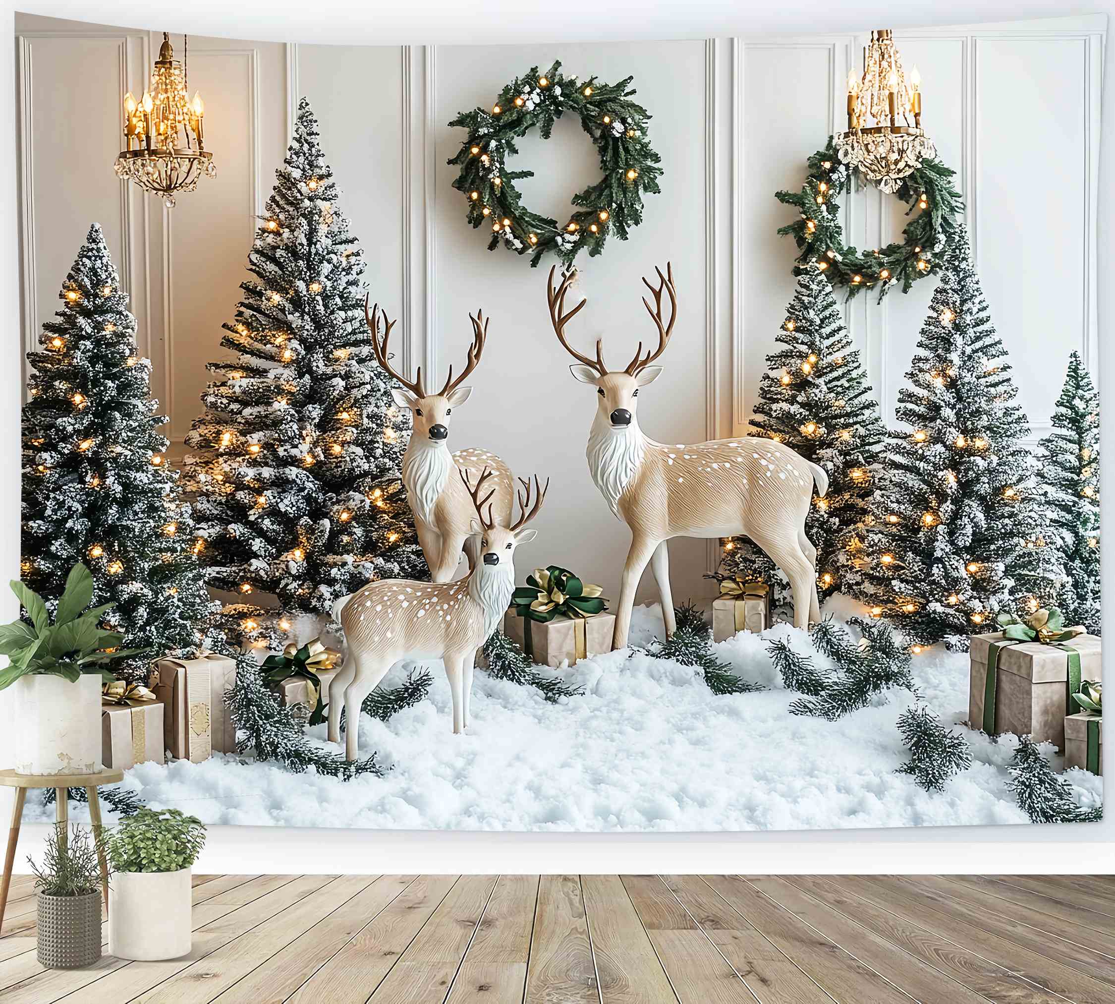 Christmas Wall Backdrop Snowy Reindeer Pine Wonderland Christmas Backdrops 10x10 LXX58-70