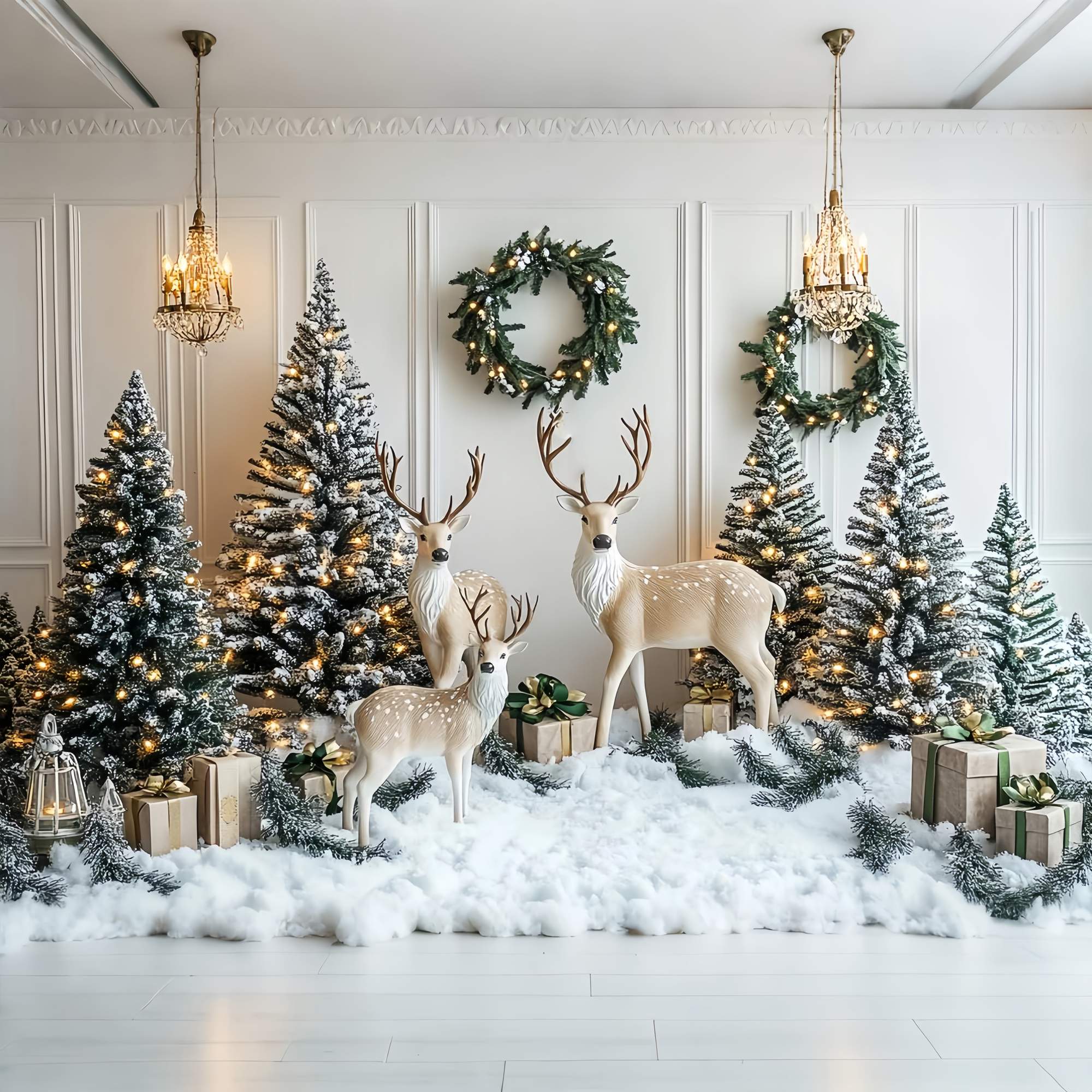 Christmas Wall Backdrop Snowy Reindeer Pine Wonderland Christmas Backdrops 10x10 LXX58-70