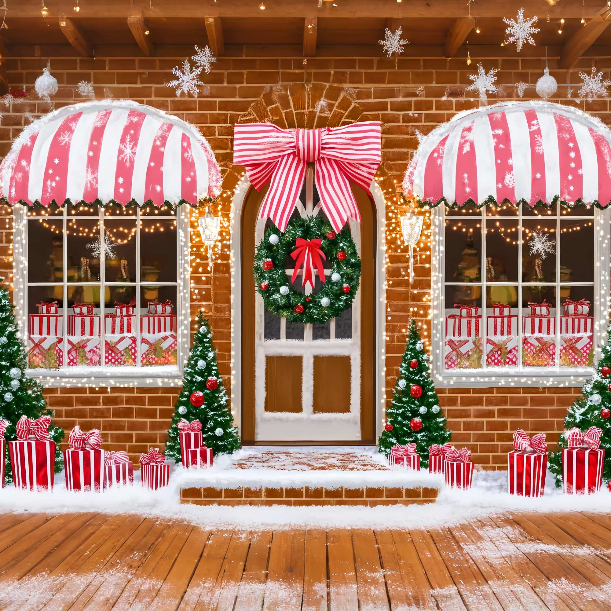 Santa Workshop Backdrop Candy Cane Gift Shopfront Christmas Photo Backdrops LXX58-71