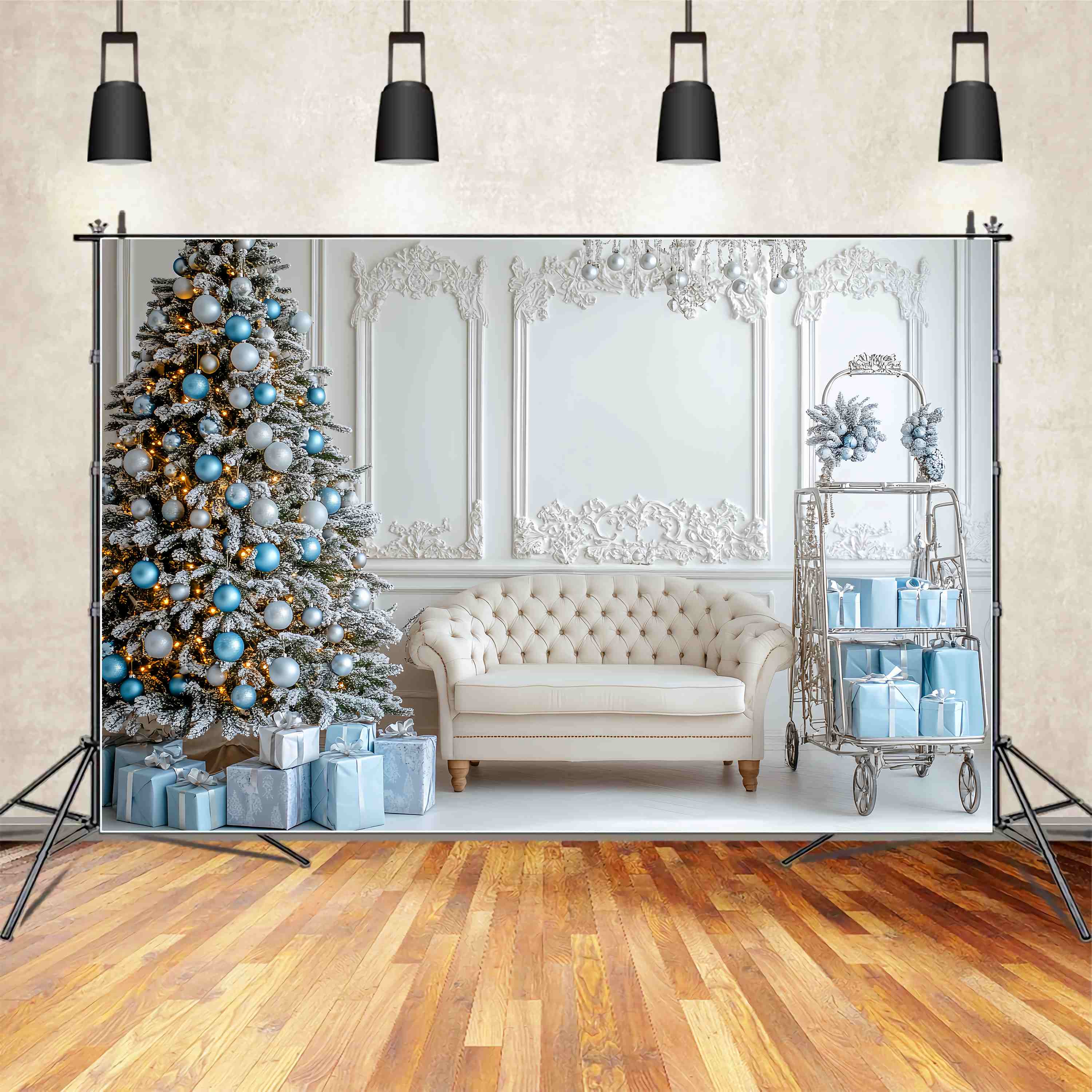 Christmas Wall Backdrop Icy Blue Ornament Lounge Room Professional Christmas Backdrops LXX58-74
