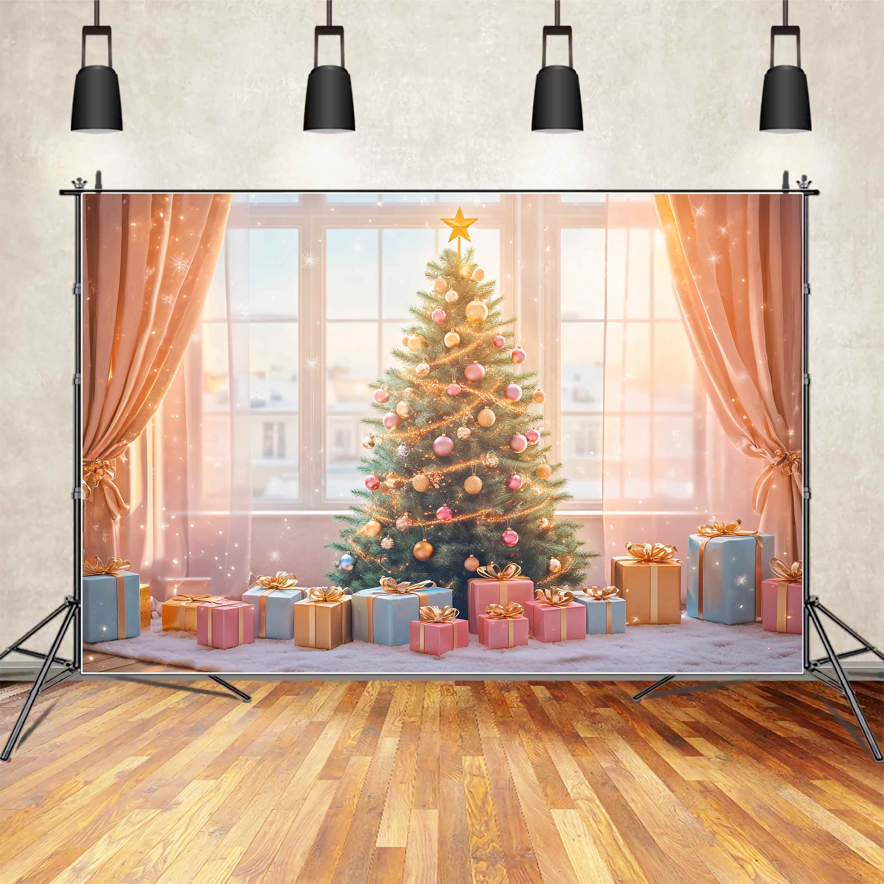 Christmas Tree Backdrop Golden Glow Gift Tree Room Christmas Backdrops Sale LXX58-75