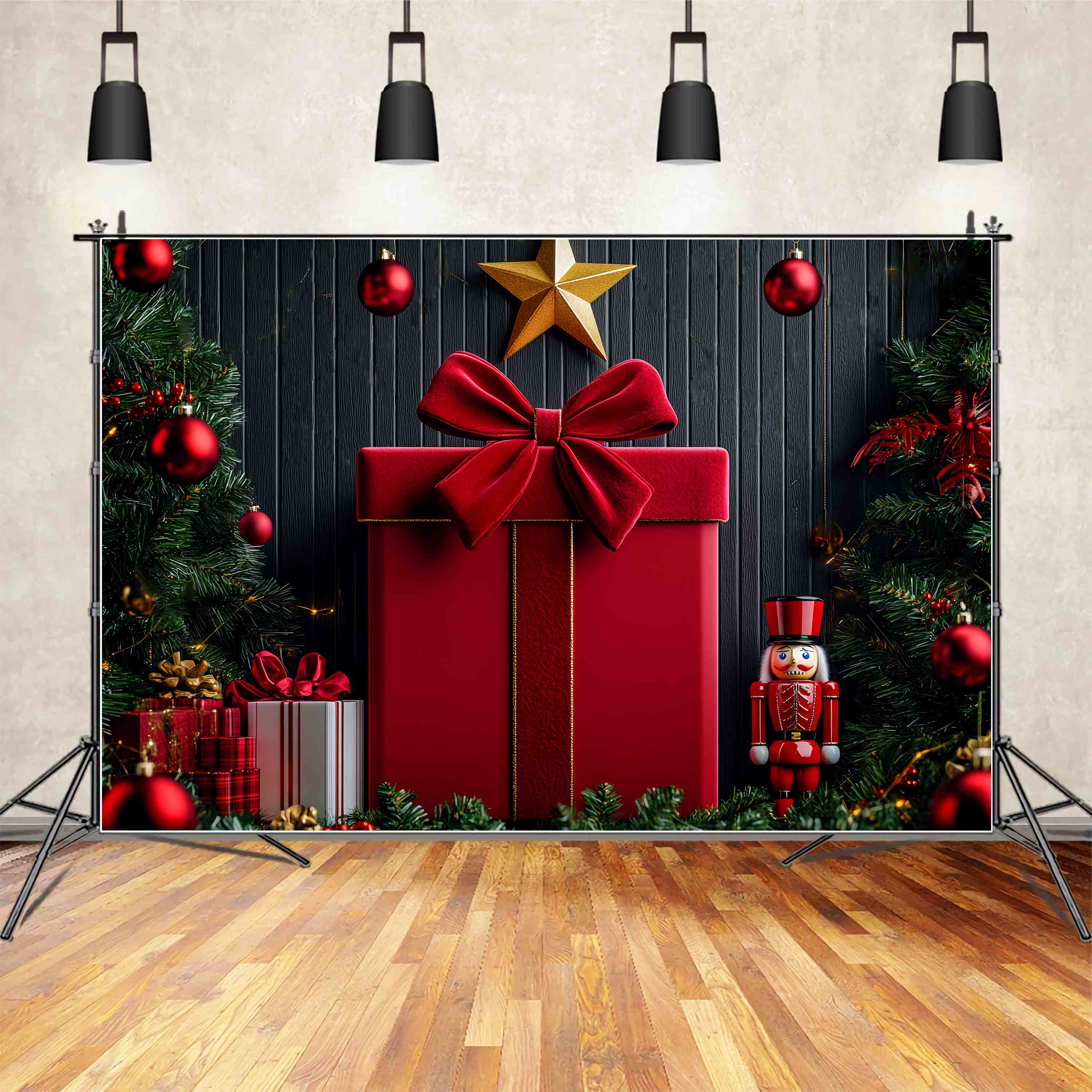 Christmas Wall Backdrop Red Velvet Bow Nutcracker Wall Christmas Backdrop for Photos LXX58-76