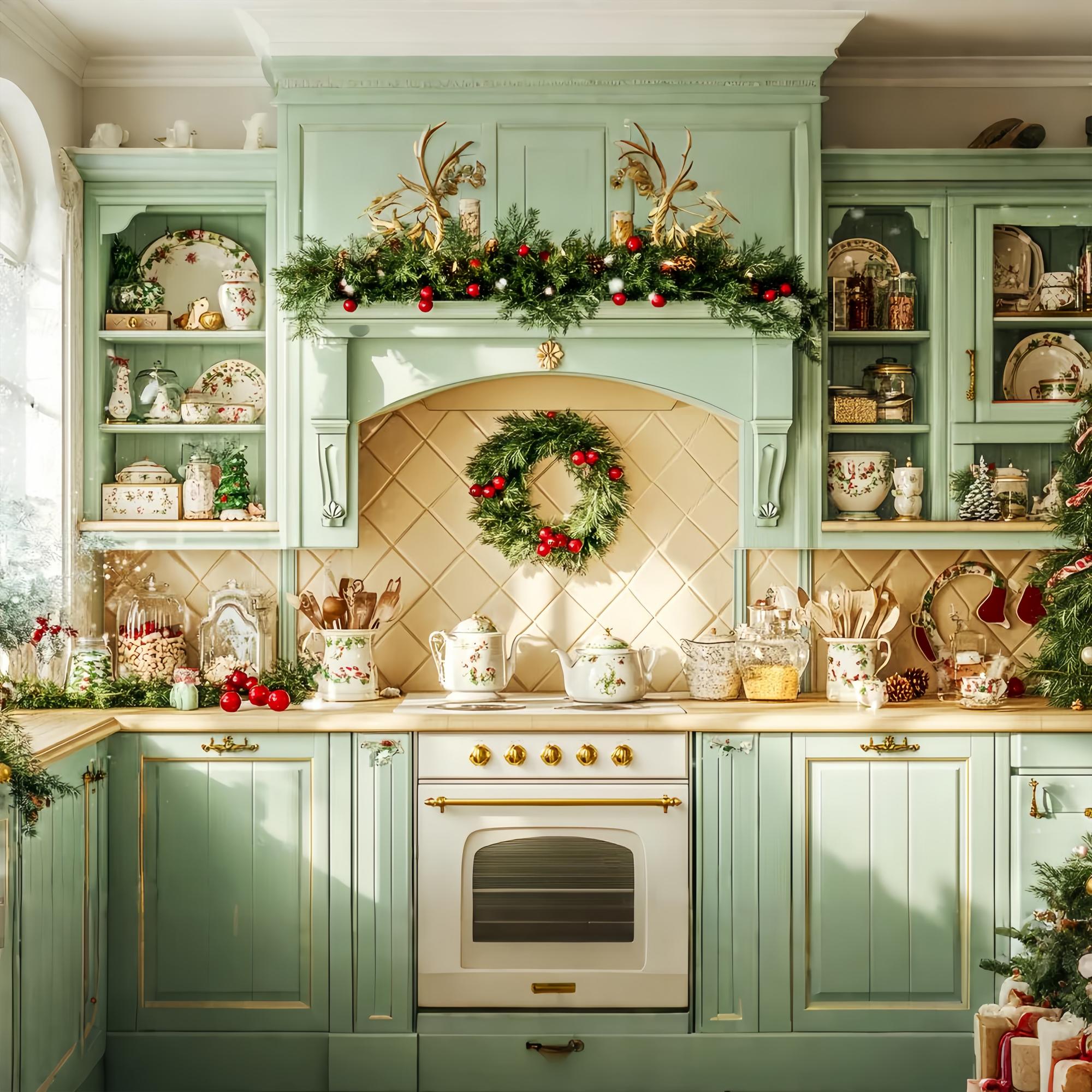 Christmas Kitchen Backdrop Mint Green Christmas Kitchen Christmas Backdrop LXX58-79