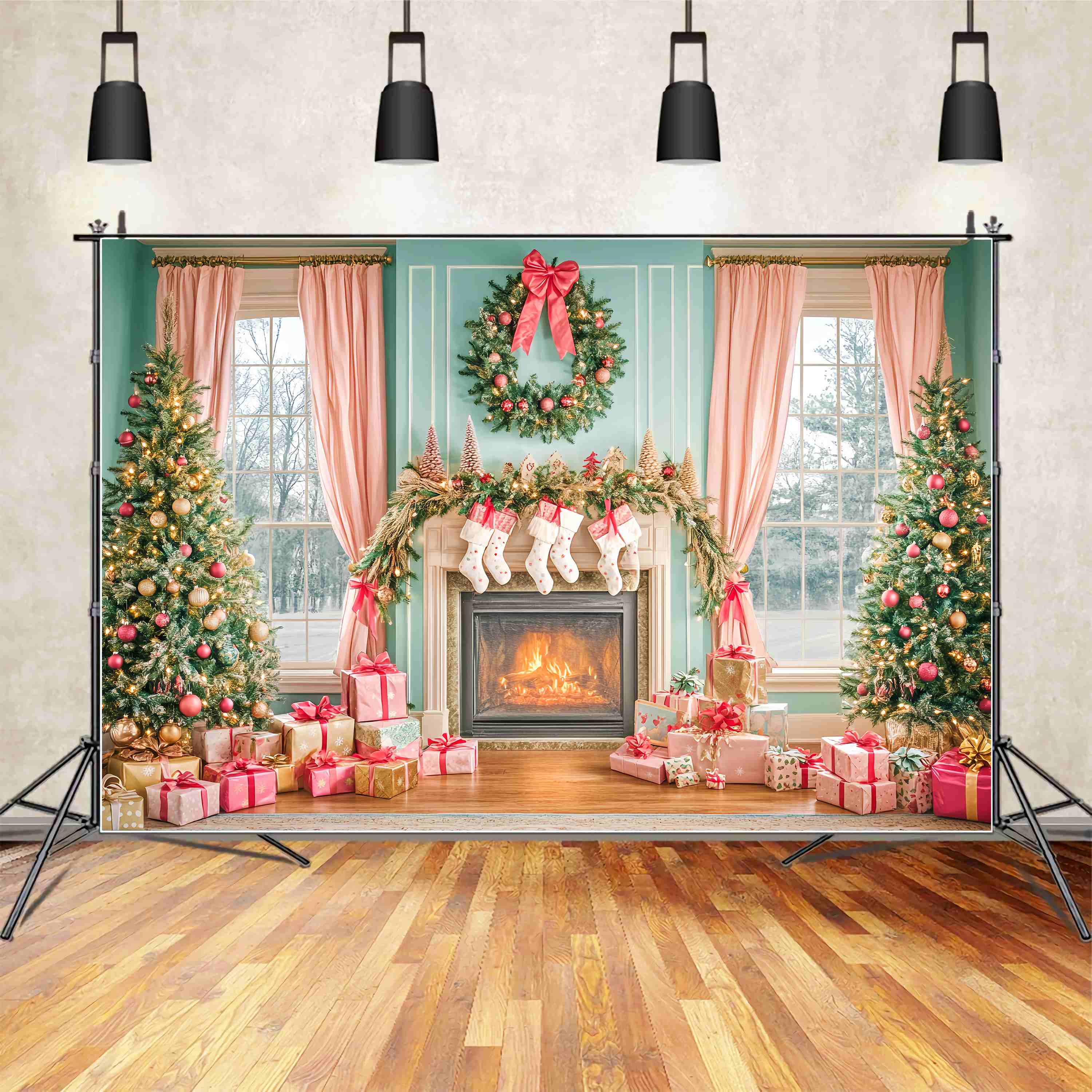 Christmas Fireplace Backdrop Pink Bow Fireplace Christmas Morning Backdrop Christmas LXX58-83