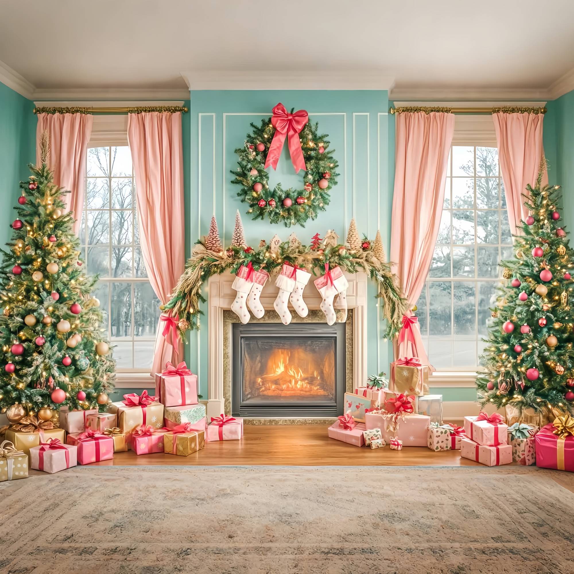 Christmas Fireplace Backdrop Pink Bow Fireplace Christmas Morning Backdrop Christmas LXX58-83