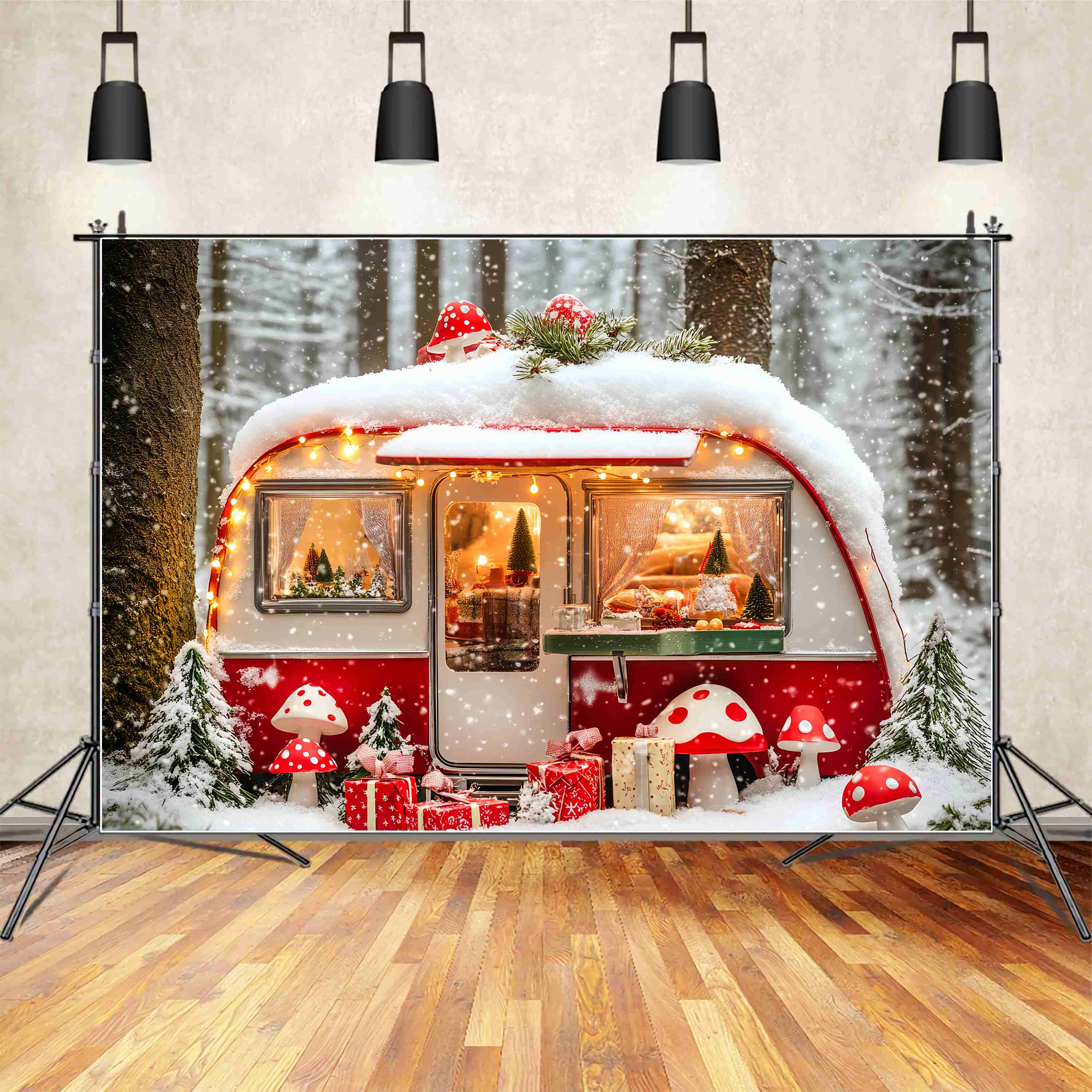 Christmas Photography Backdrops Snowy Mushroom Camper Forest Christmas Backdrop LXX58-84