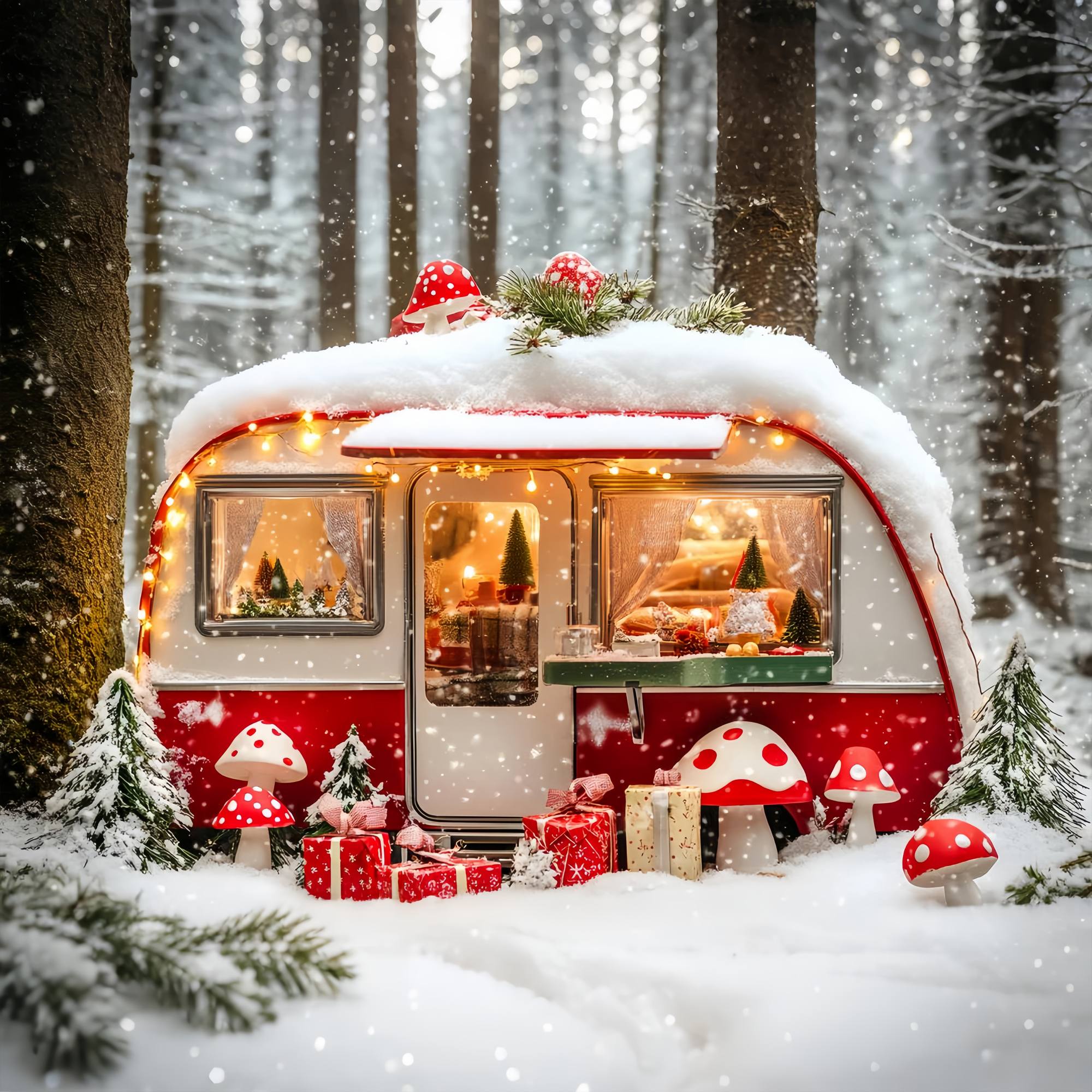 Christmas Photography Backdrops Snowy Mushroom Camper Forest Christmas Backdrop LXX58-84