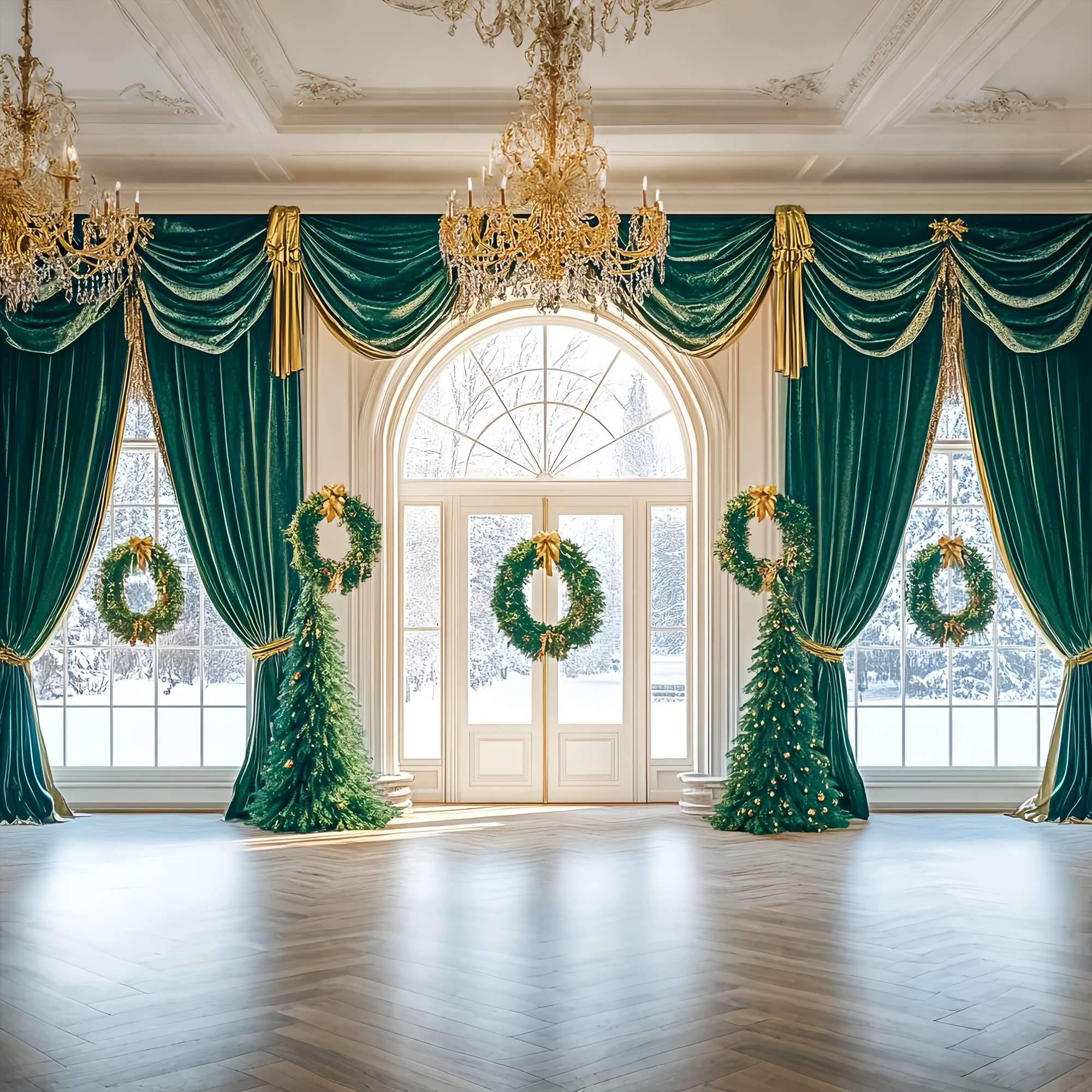 Christmas Photo Backdrop Emerald Drape Wreath Ballroom Christmas Backdrops for Photos LXX58-89
