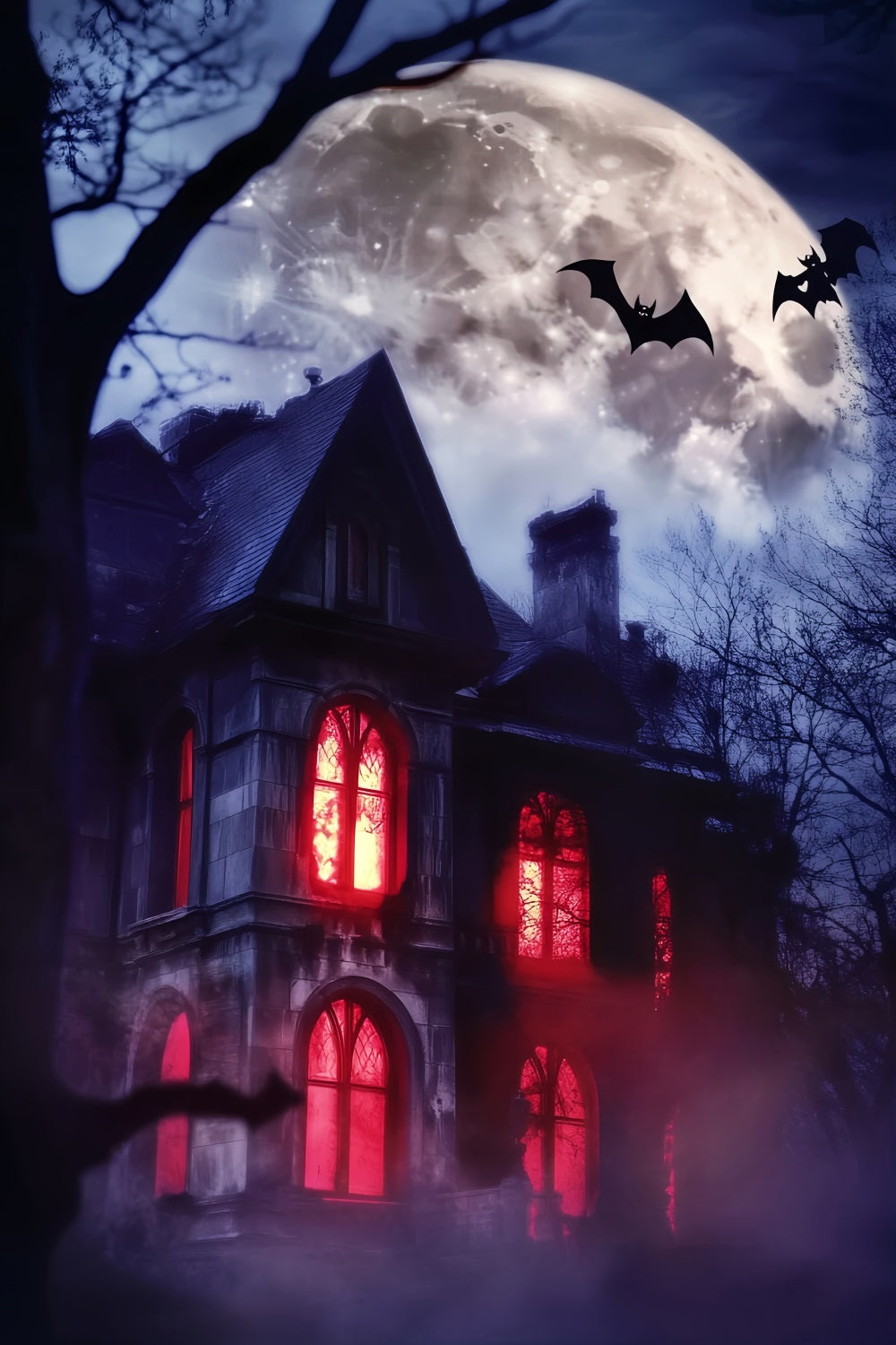 Haunted Forest Backdrop Haunted Mansion Red Windows Halloween Backdrop LXX59-115