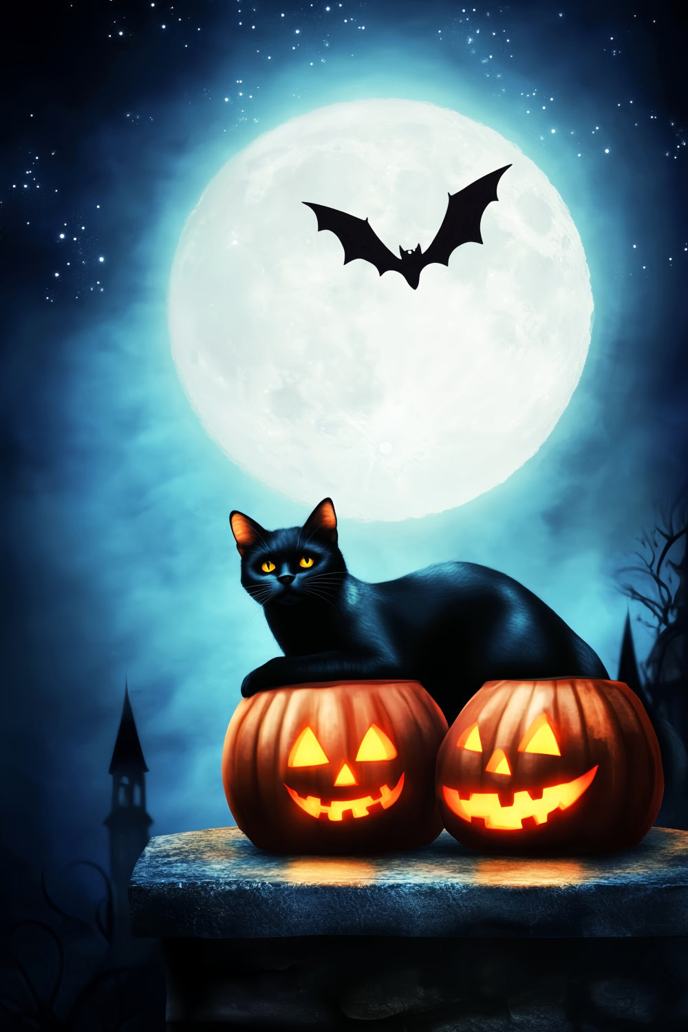Haunted Forest Backdrop Black Cat Pumpkins Full Moon Halloween Moon Backdrop LXX59-134