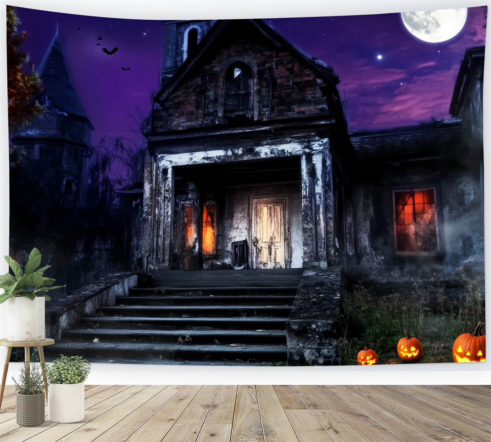Graveyard Backdrop Haunted Mansion Purple Sky Halloween Photo Backdrop LXX59-157