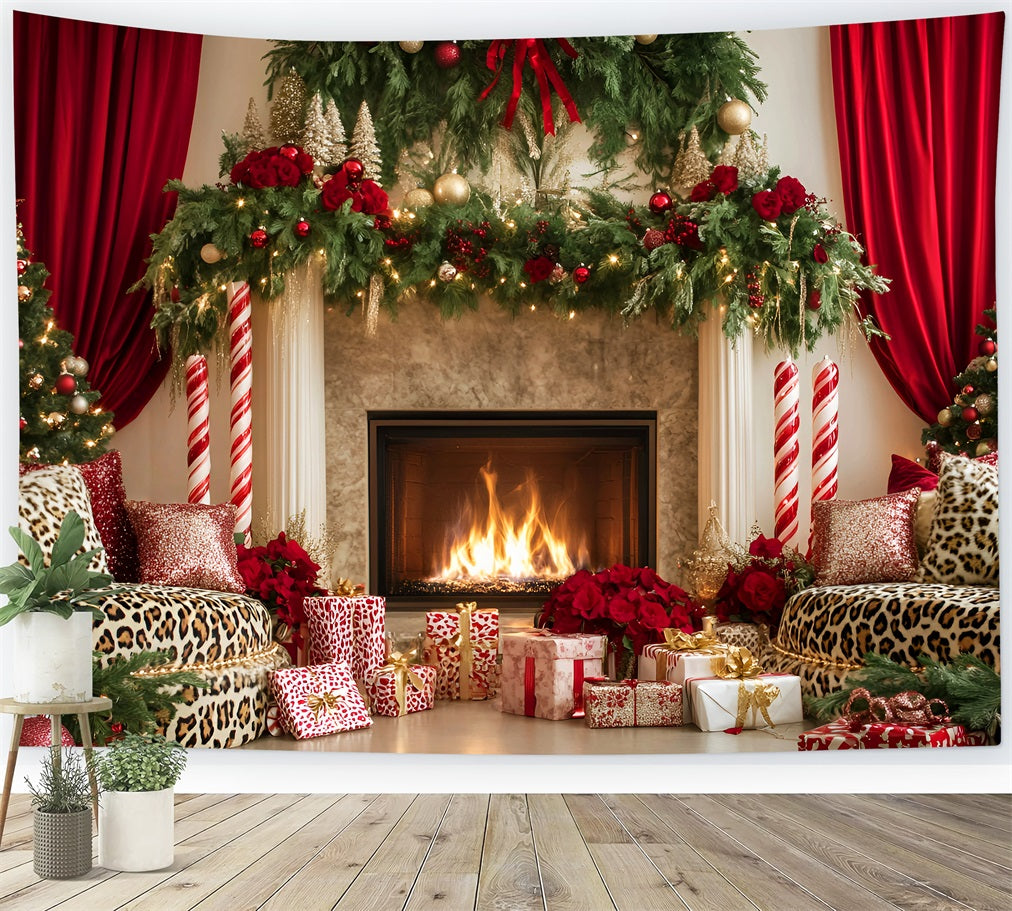 Christmas Fireplace Backdrop Elegant Red Curtain Christmas Backdrops for Photography LXX59-174