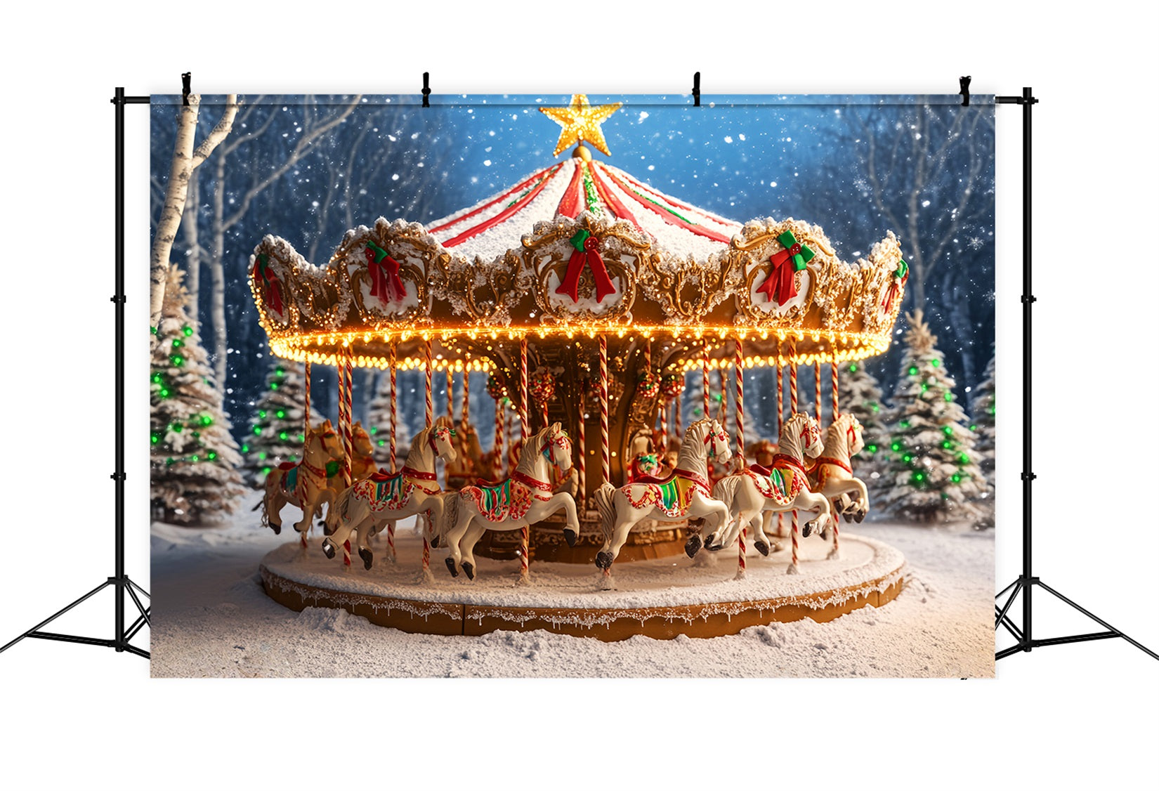 Gingerbread Backdrop Snowy Carousel Horse Ride Christmas Photography Backdrops LXX59-177