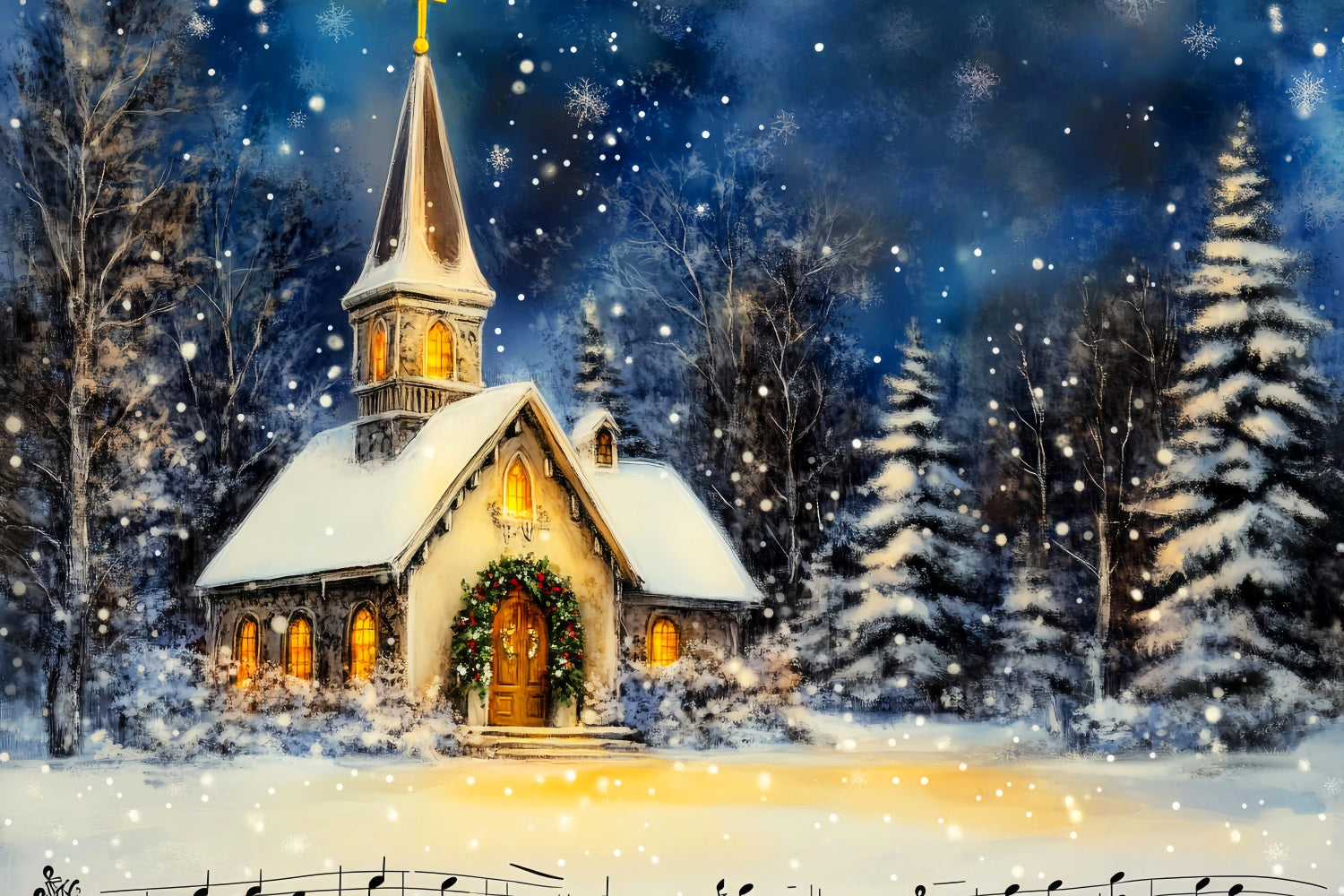 Christmas Church Backdrop Snowy Winter Night Christmas Backdrop for Photos LXX59-184