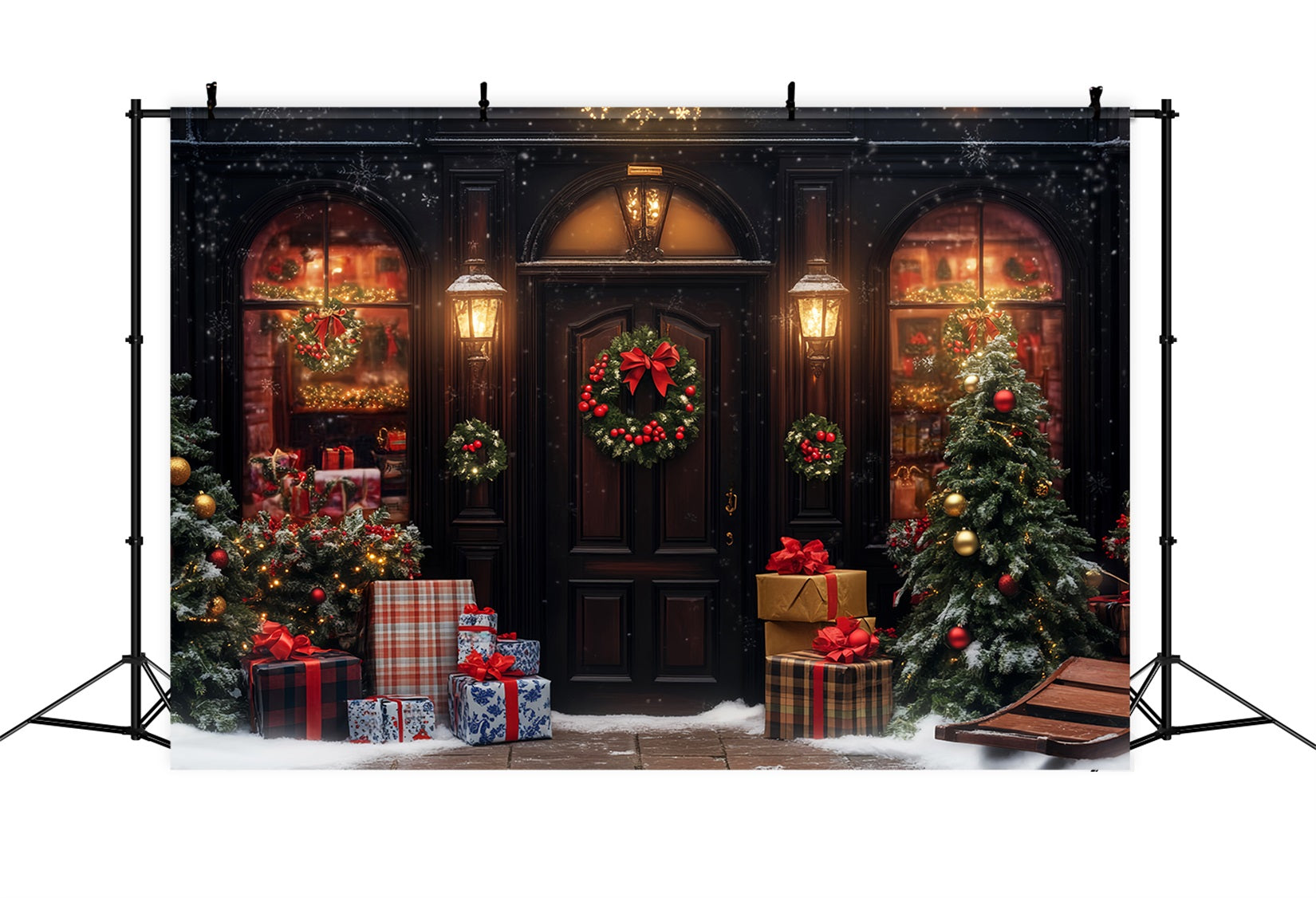 Christmas Village Backdrop Warm Lights Snowy Entrance Christmas Photo Backdrop LXX59-193